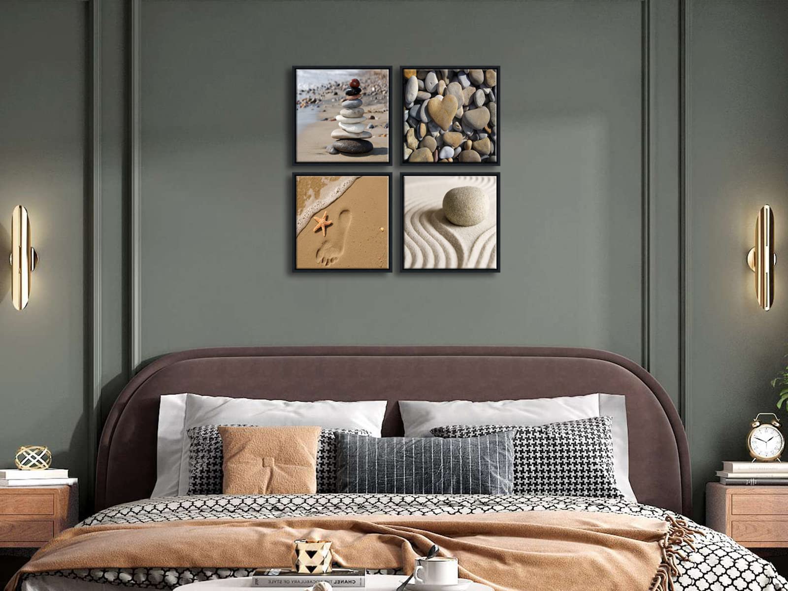 Wieco Art Framed Canvas Art Romantic Beach Theme 4 Panels Modern Artwork Sea Ocean Canvas Prints Contemporary Abstract Pictures