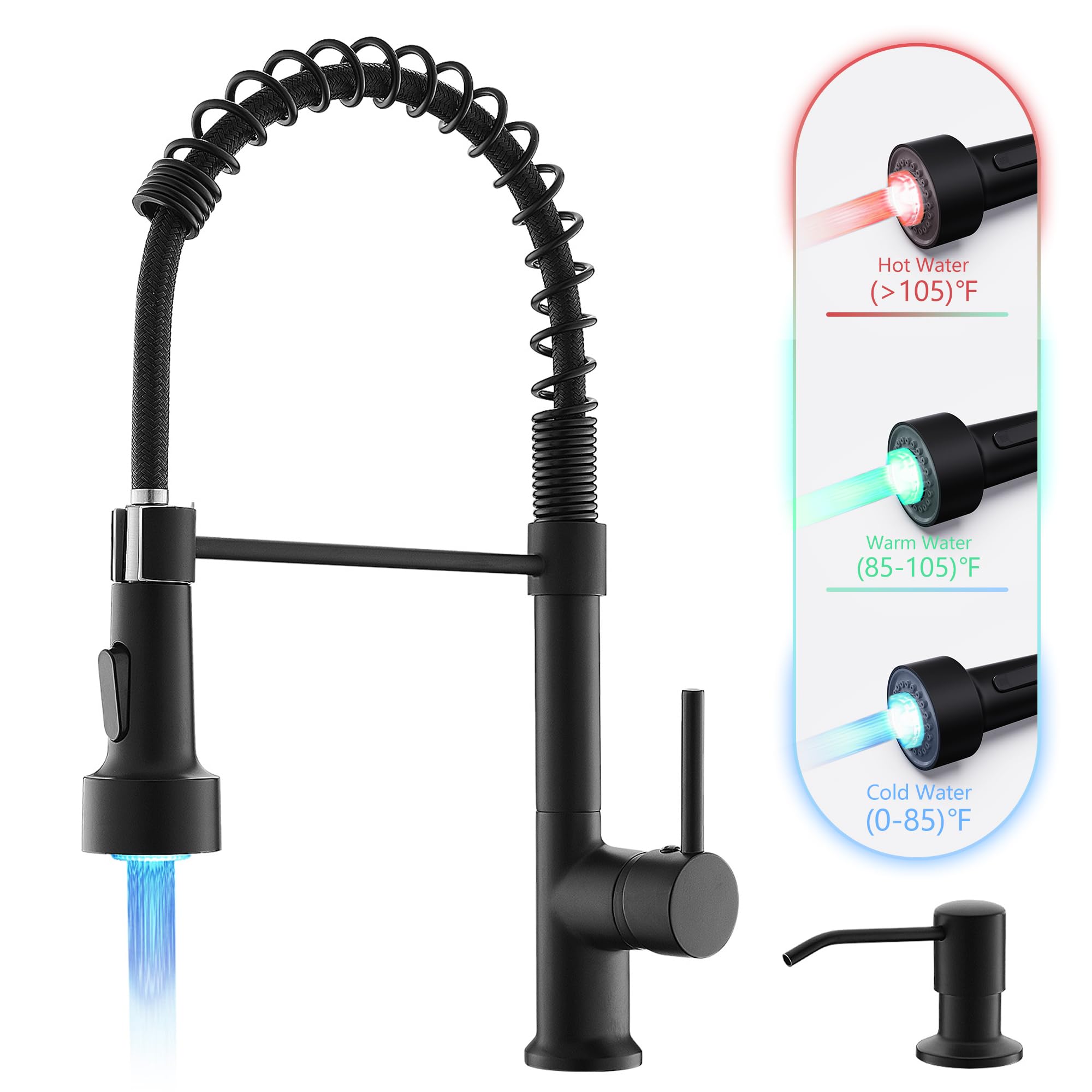 Gimili Matte Black Led Kitchen Faucet With Soap Dispenser, Modern Single Handle Spring Kitchen Sink Faucets With Pull Down Spray