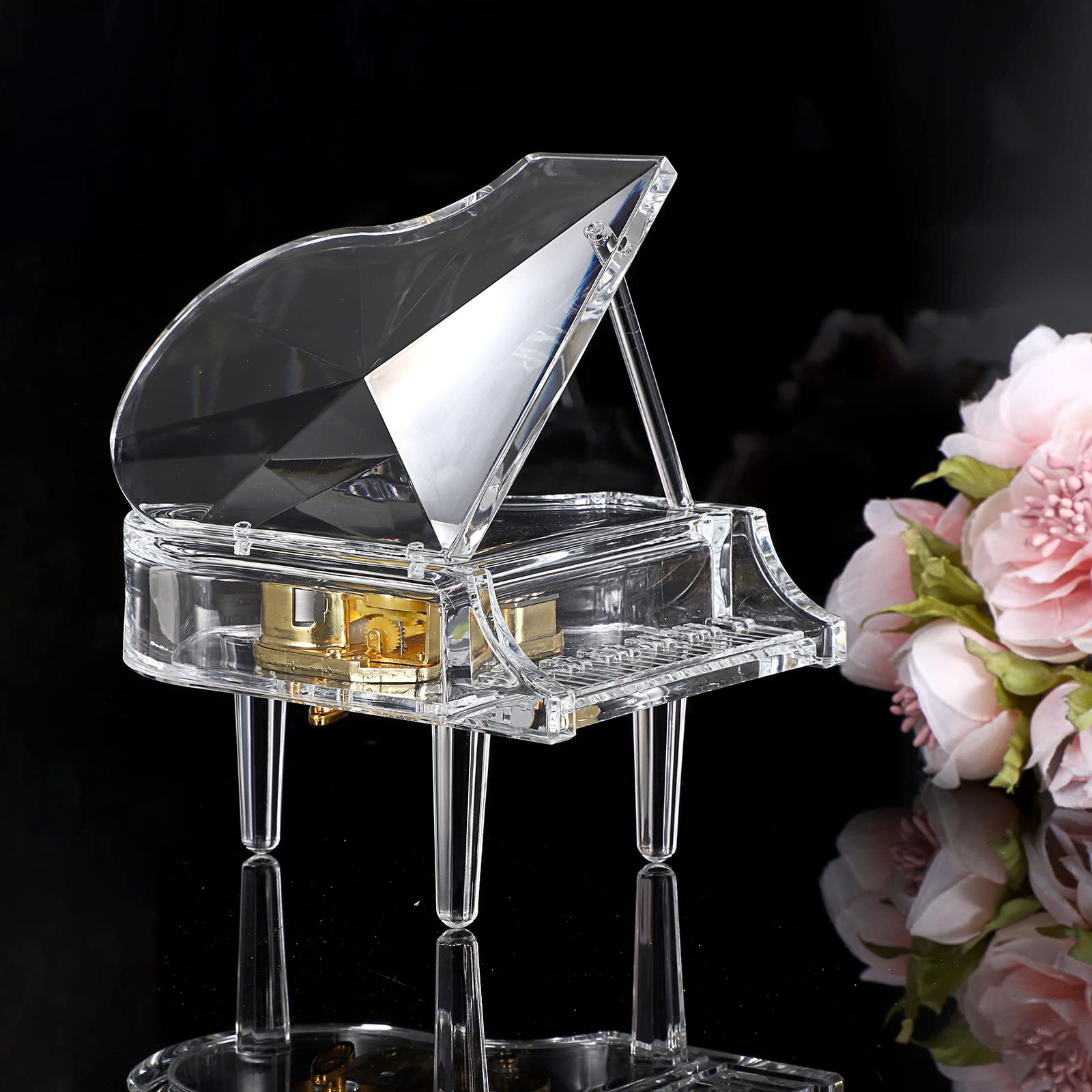 ELLDOO Piano Music Box, Mechanical Clockwork Decorative Piano Musical Box,Transparent Acrylic Piano Ornament Romantic Gift for G