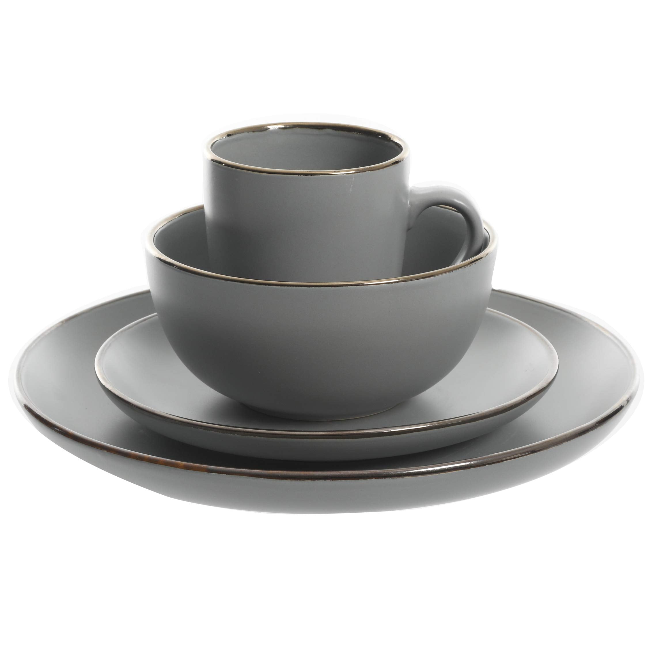 Gibson Home Rockaway Round Dinnerware Set for 4 (16pcs), Grey/Gold Rim, Stylish and Durable Dining Essential