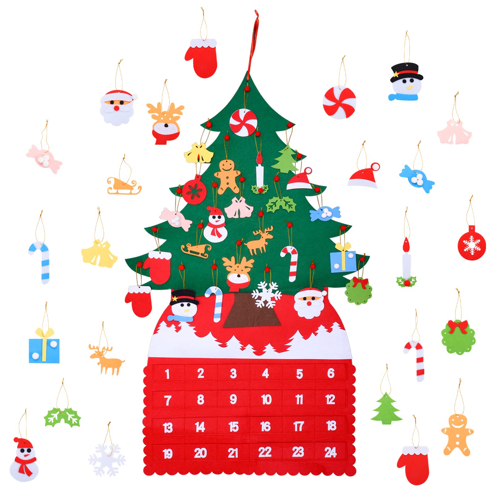 Christmas Tree Advent Calendar (2024 New), 24 Days Countdown to Christmas Felt Fabric Advent Calendar with 24 Ornaments & Pocket