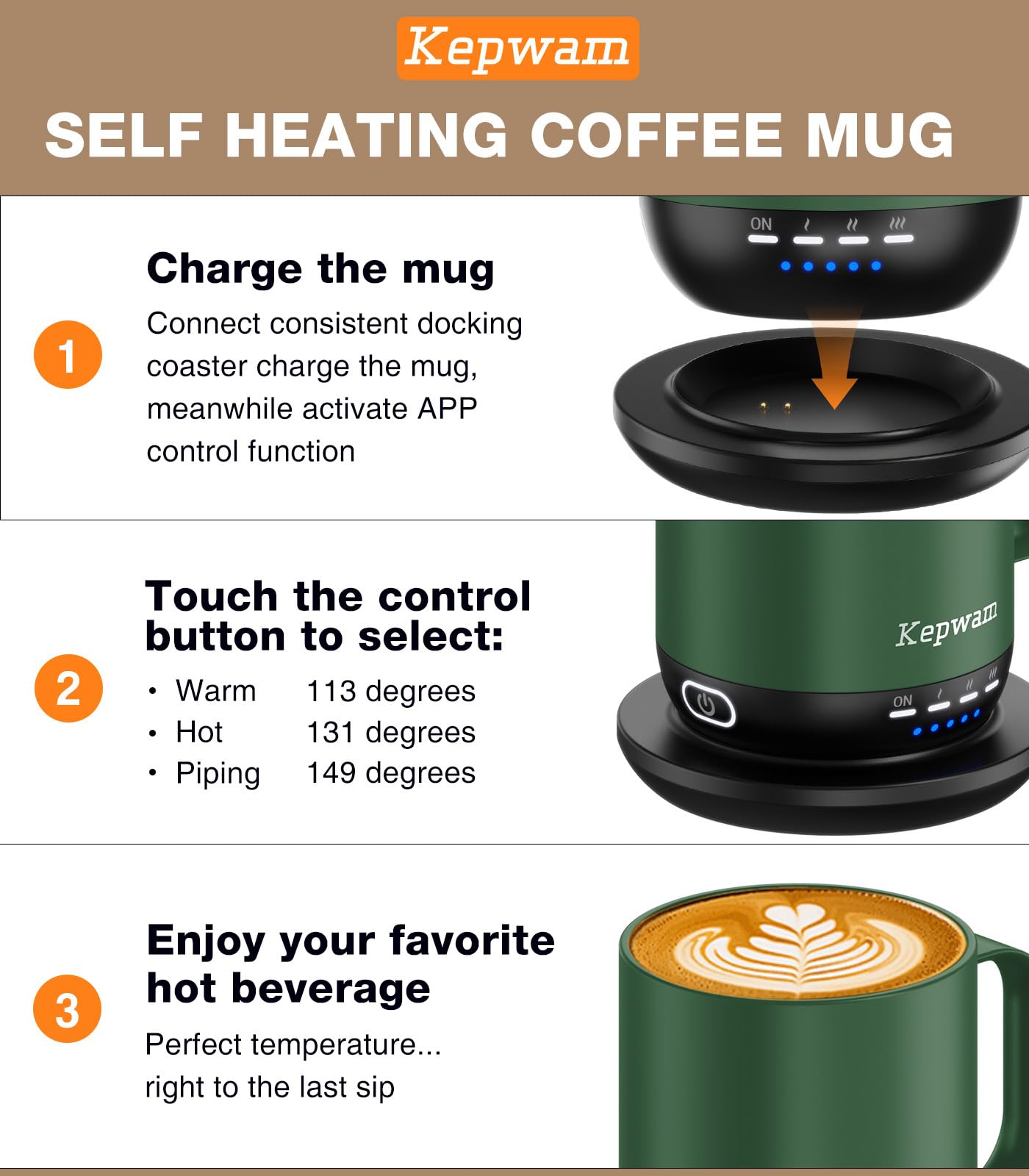 Kepwam Self Heating Coffee Mug T1-16oz Fast Heating & Ultra Long-Lasting Battery Life, Heated Coffee Mug Up to 149? - Touch & Ap