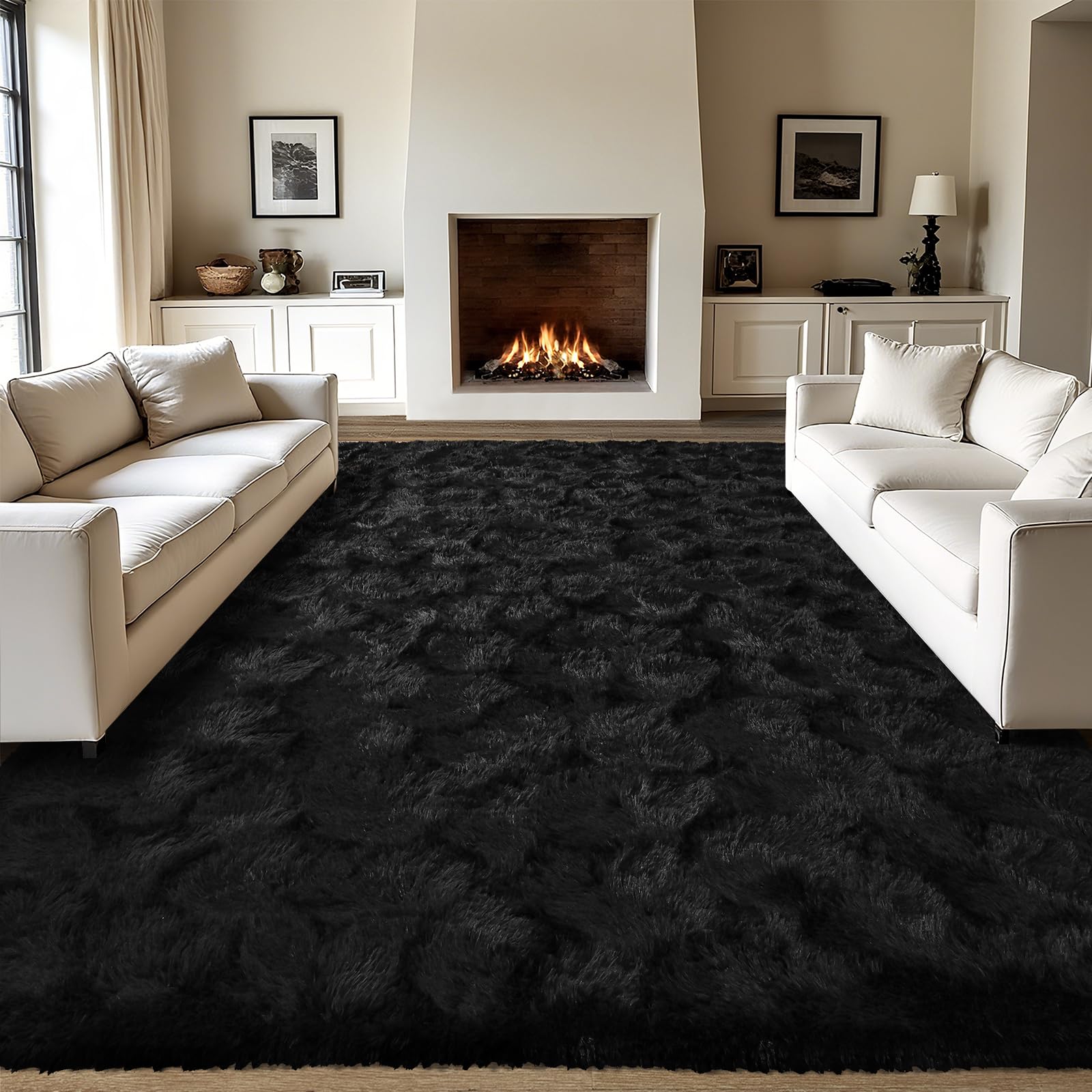 LOCHAS Ultra Soft Indoor Modern Area Rugs 10x14, Fluffy Living Room Carpets for Children Bedroom Home Decor Nursery Rug, Black