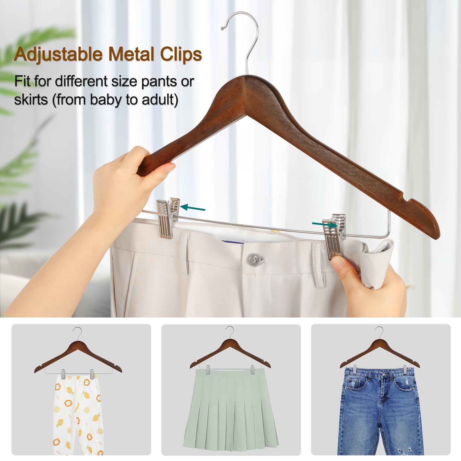 TOPIA HANGER Wooden Suit Hangers with Adjustable Metal Clips (20 Pack)  Solid Wood Clothes Hangers  360? Swivel Hook  Premium Retro Finish Pants Hangers for Clothes Coat  Jeans  Blouse-CT28A20