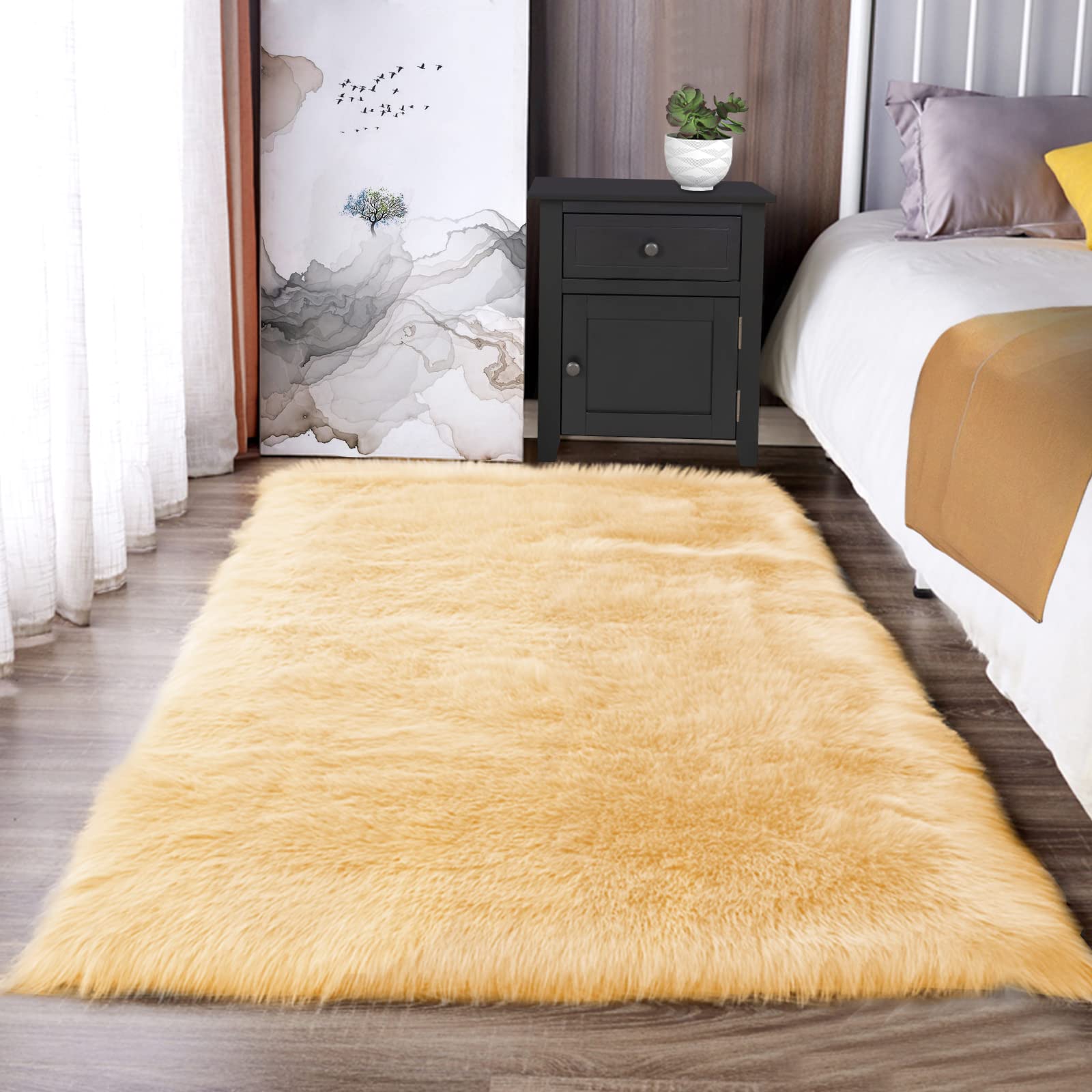 Latepis 3x4 Rugs Yellow Fur Rug Washable Rug Faux Sheepskin Rug Shag Rug Fluffy Rug for Bedroom Cute Room D  cor, Rectangle