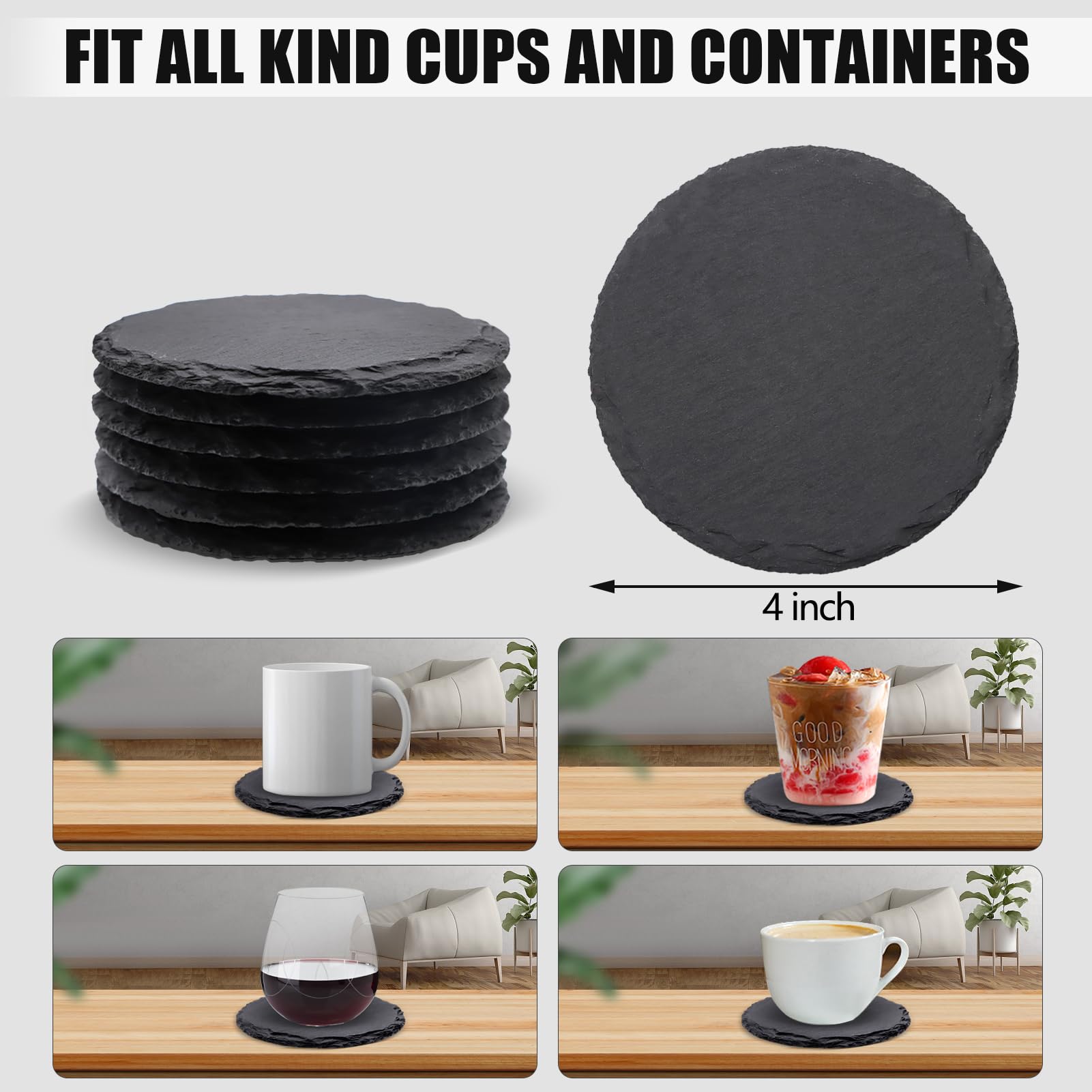 6 Pack Round Slate Drink Coasters, Vibratite 4 Inch Black Slate Stone Coasters Bulk Cup Coasters With Anti-Scratch Bottom For Dr