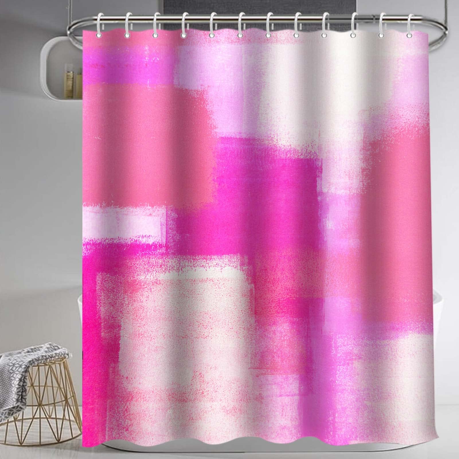 Lnond 4Pcs Bathroom Shower Curtain Sets With Rugs, Pink And Grey Painting Art Bathroom Sets With Shower Curtain And Rugs And Acc