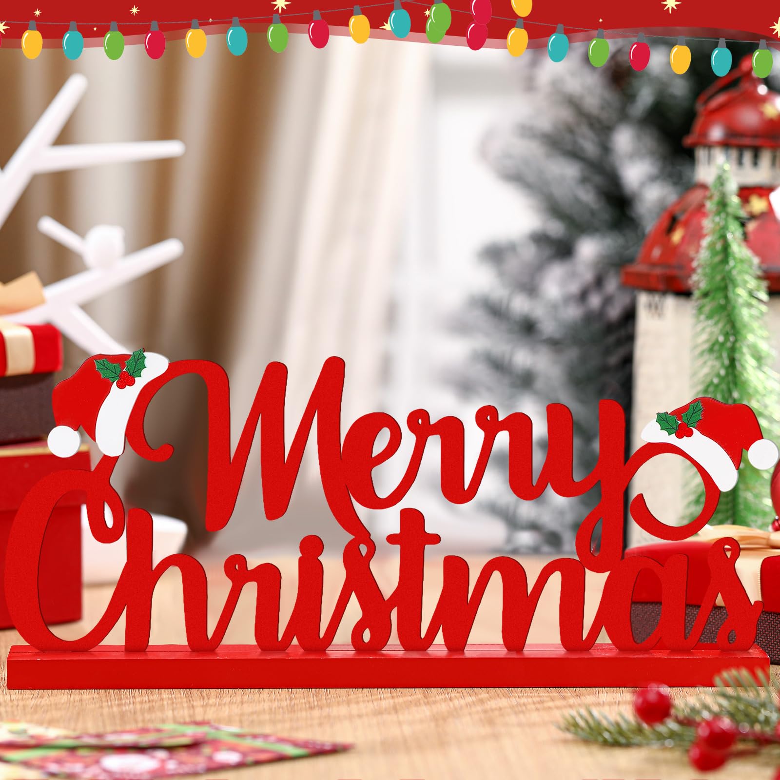 Realspring Merry Christmas Metal Sign Red Christmas Table Decoration Xmas Tiered Tray Decor Freestanding Metal Word Sign with Wo