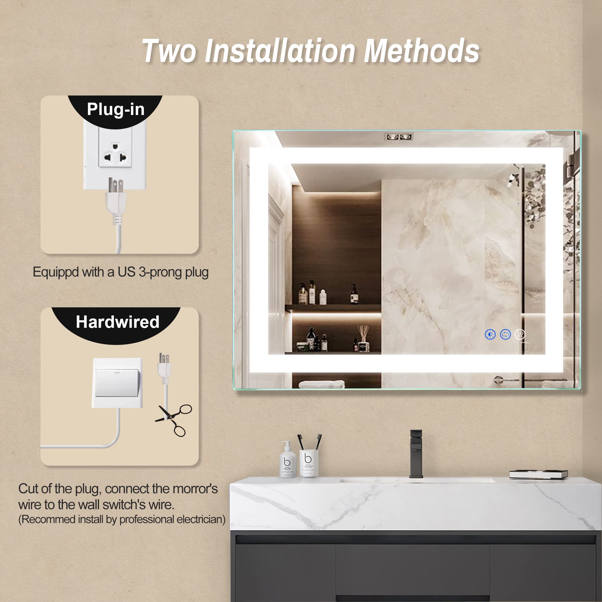 Fitland 36''X 28'' Led Bathroom Mirror With Light, Anti-Fog, Dimmable, Color Temperature Adjustable 3000-6000K, Memory Function