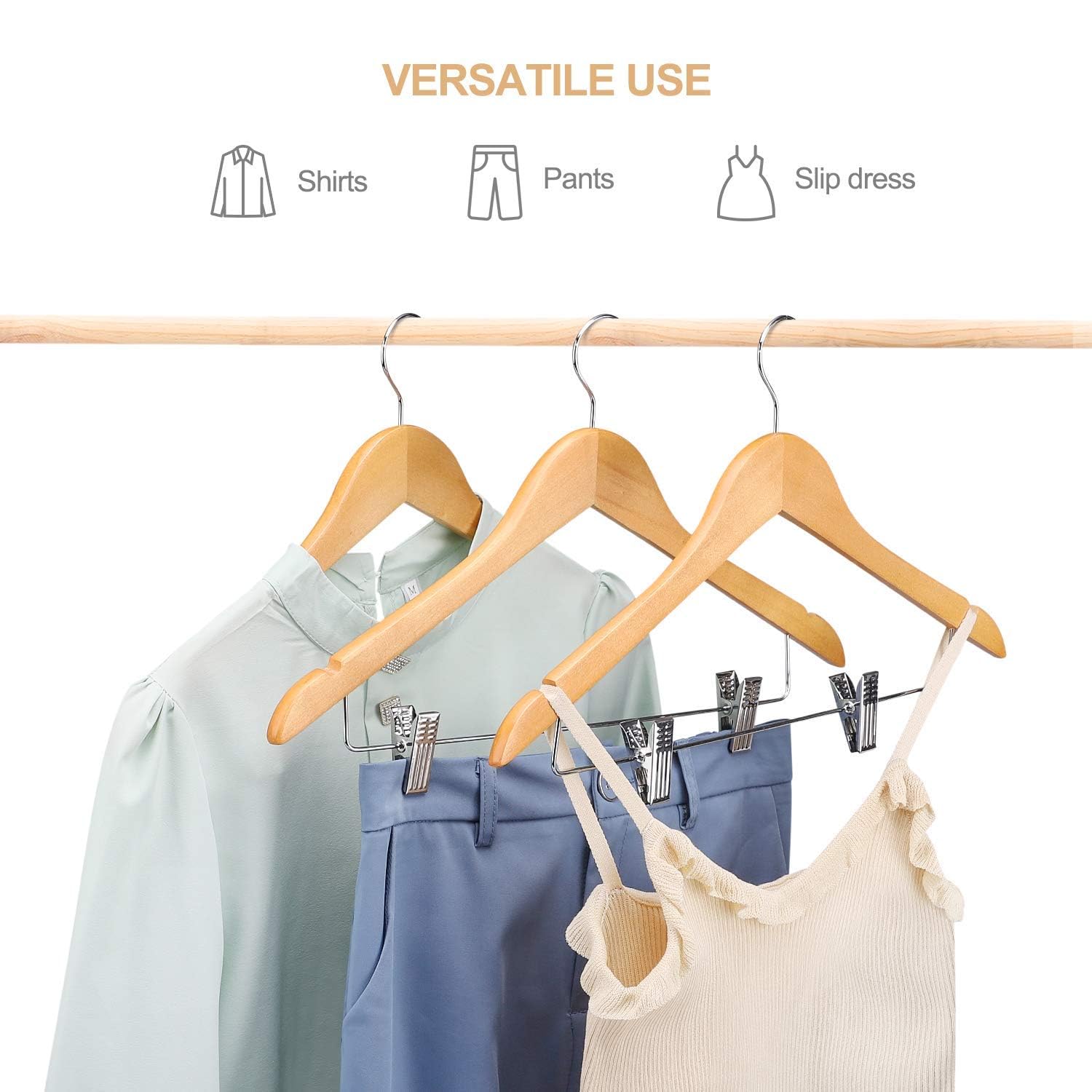 HOUSE DAY 12 Pack High-Grade Wooden Suit Hangers Skirt Hangers with Clips Solid Wood Pants Hangers Natural Smooth Finish Premium Wood Hangers with Durable Metal Clips for Blouse  Dress  Coat  Jacket