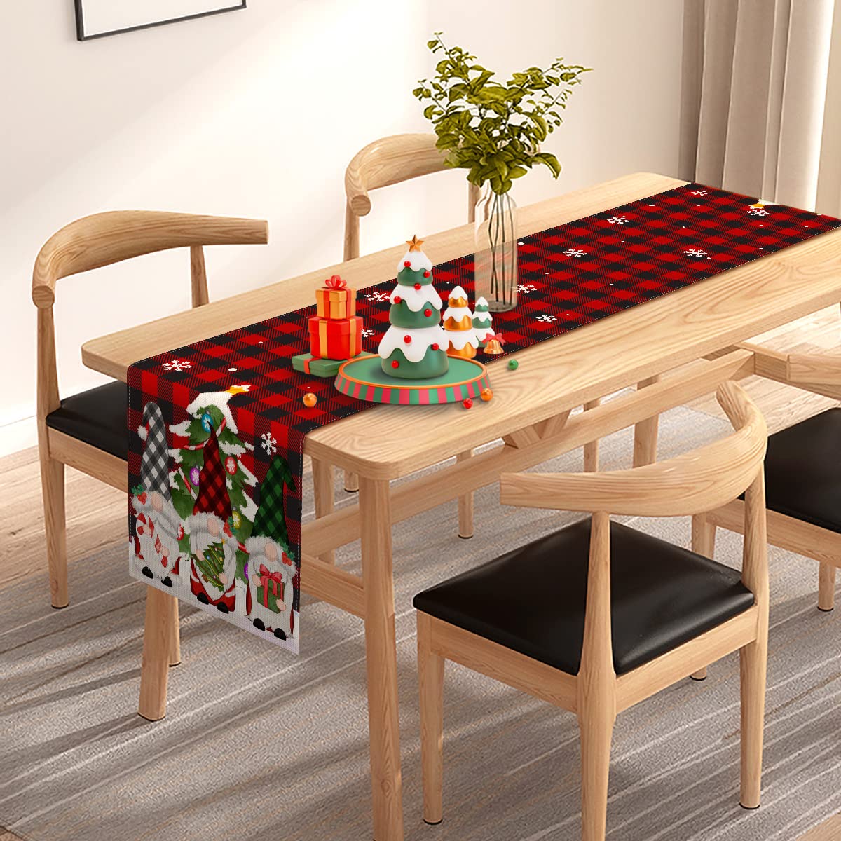Pudodo Christmas Gnome Table Runner Buffalo Plaid Check Xmas Table Decor Swedish Winter Holiday Kitchen Dining Home Decorations