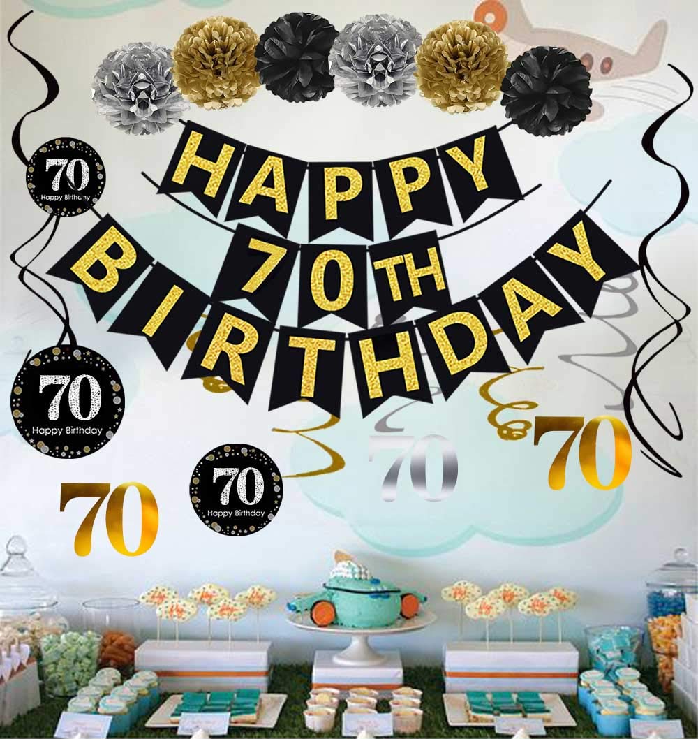 Famoby Black & Gold Glittery Happy 70Th Birthday Banner,Poms,Sparkling 70 Hanging Swirls Kit For 70Th Birthday Party 70Th Annive