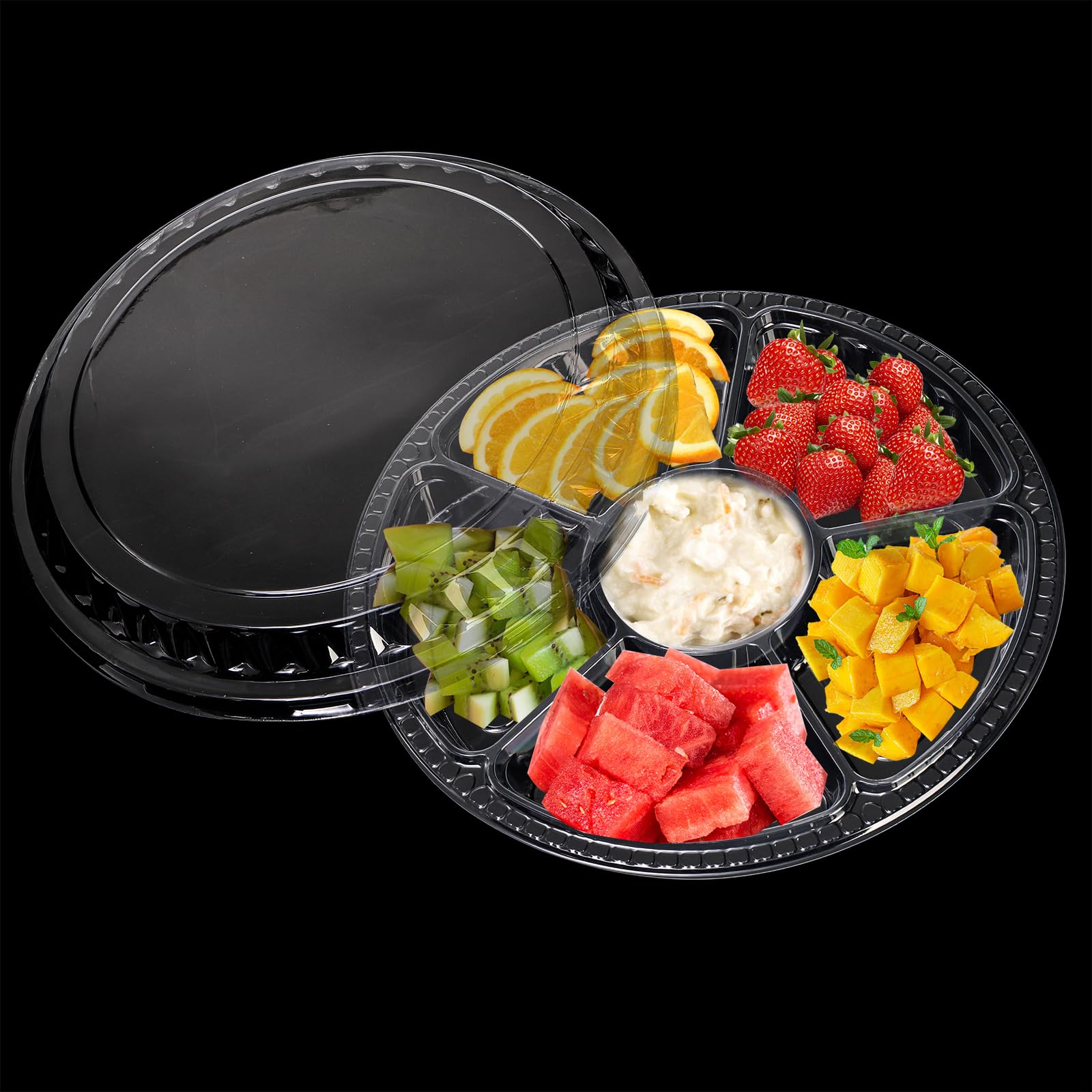 Lawei 30 Pack Plastic Appetizer Tray With Clear Lid, Stackable Round Serving Party Tray, 12 In Banquet Catering Fruit Vegetable