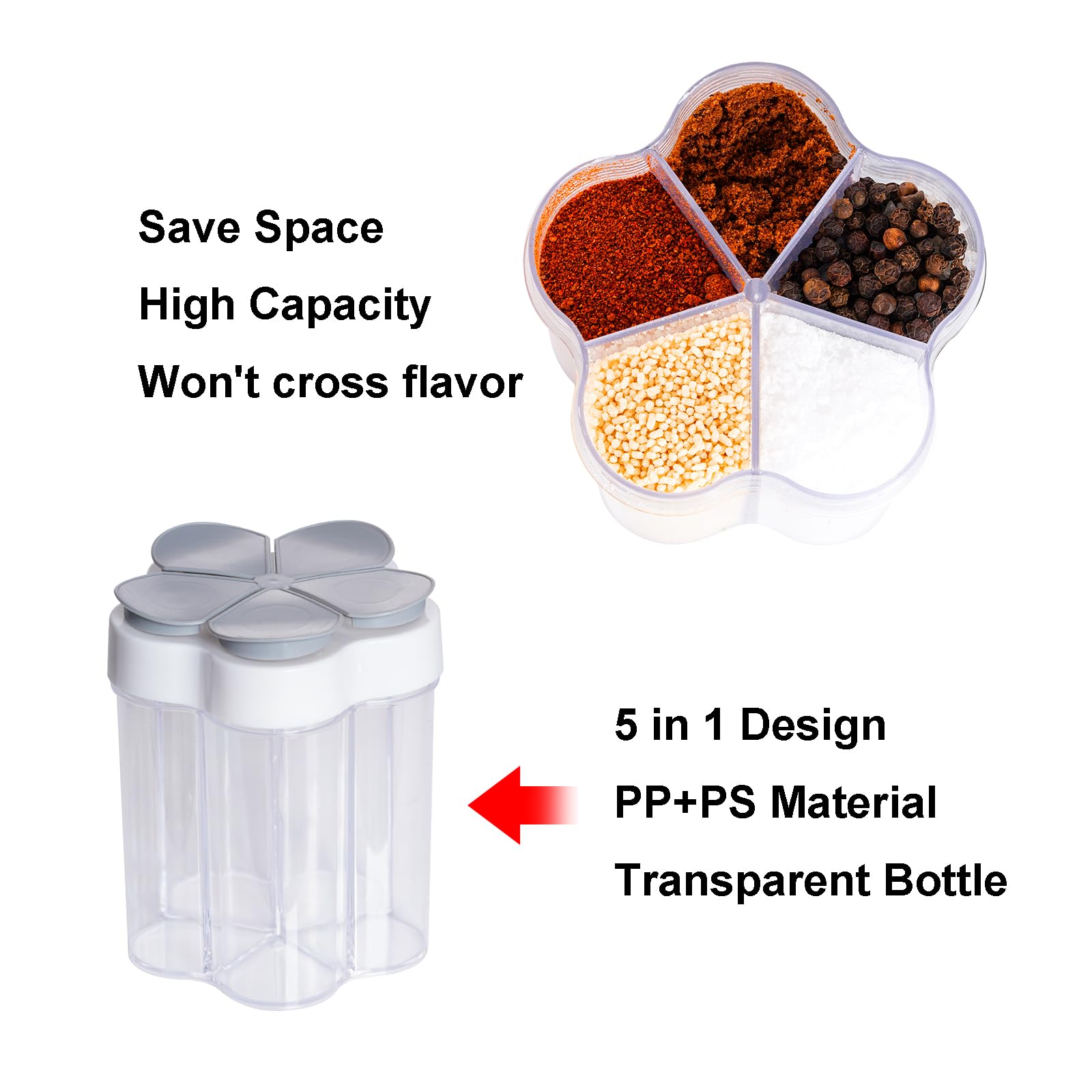 Miayon 5 In 1 Salt And Pepper Shaker Travel Spice Container Portable Camping Seasoning Shaker Seasoning Condiment Jars With Lid