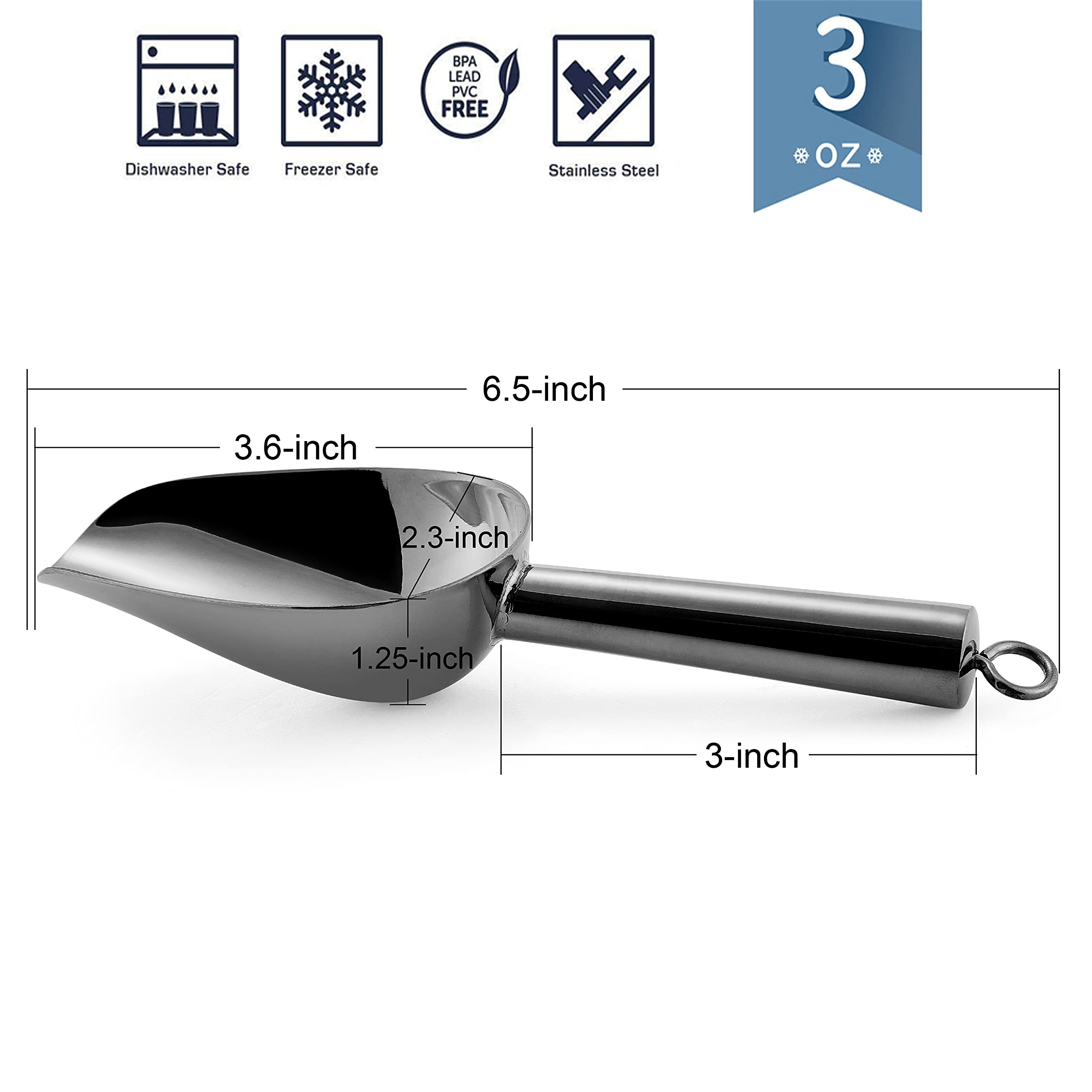 Mini Ice Scoop Set Of 4, E-Far 3 Ounce Platinum Black Stainless Steel Scoops For Candy/Flour/Sugar, Small Metal Scoops For Party