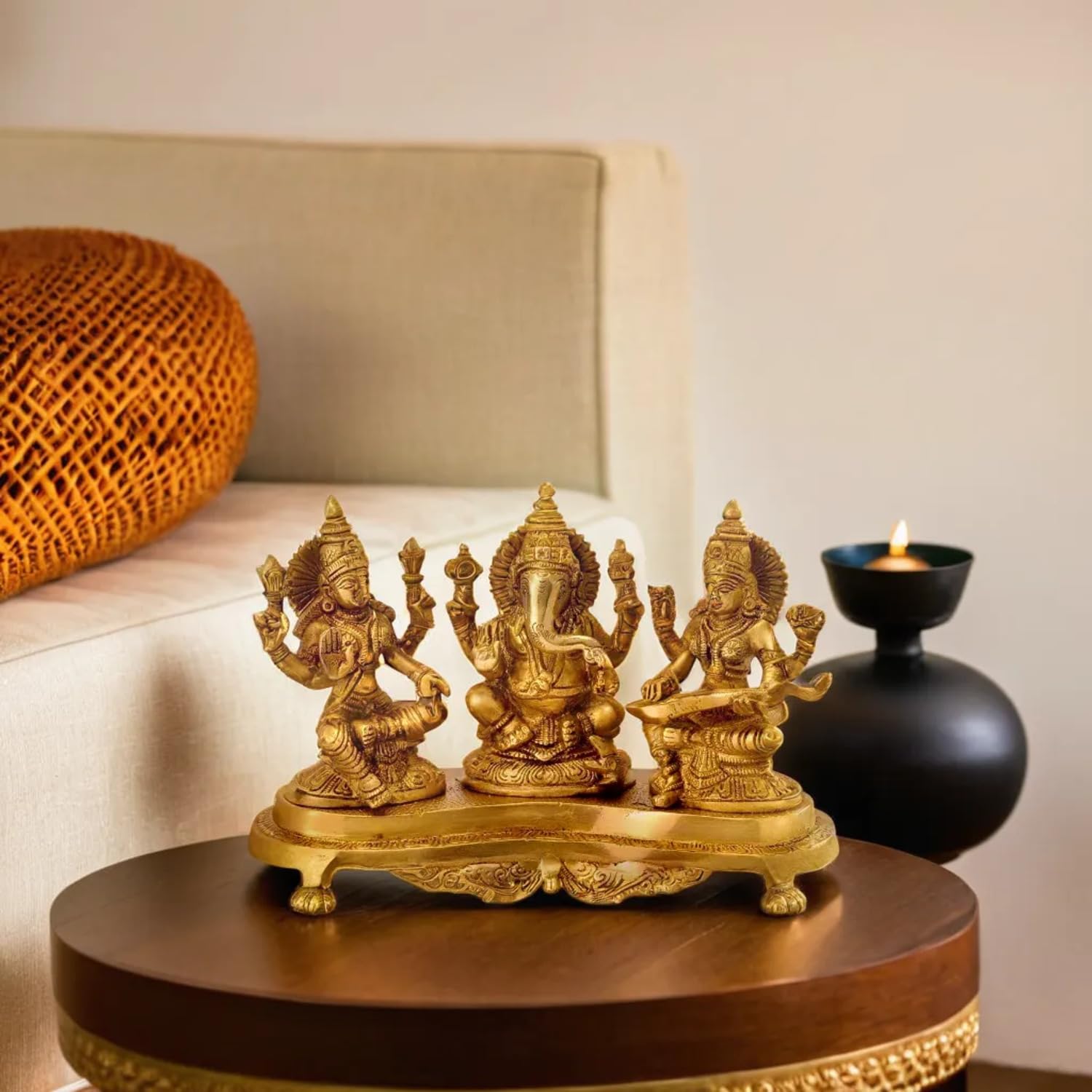 Kartique Brass Laxmi Ganesh Saraswati Idol | Ganesha Statue | Ganpati Murti | For Home Decor | Gift | (Gold)