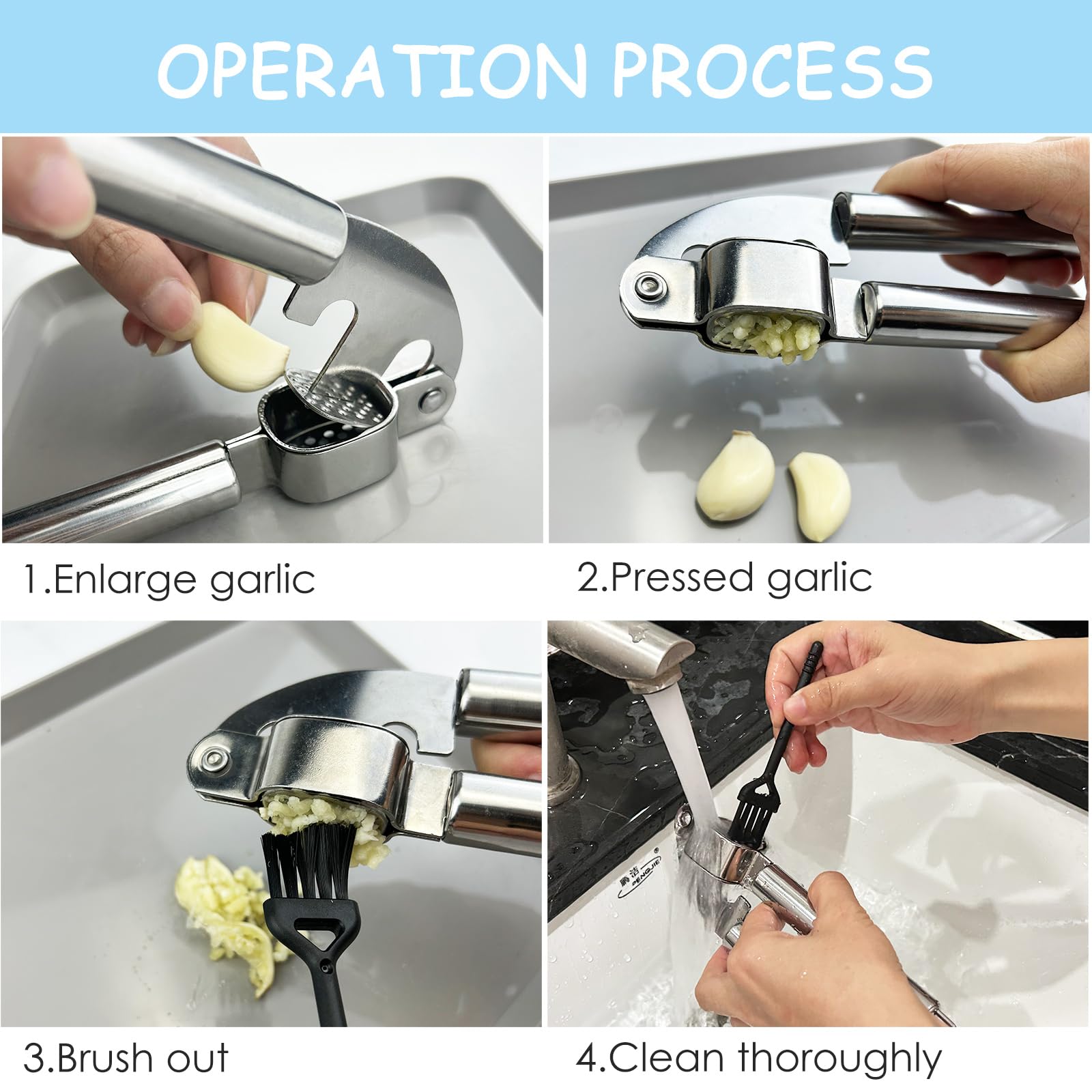 Nutabevr Kitchen Garlic Press  Stainless Steel Garlic Mincer  Sturdy and Non-Rust Garlic Press  with Silicone Peeler and Cleaning Brush  Easy to Clean and Wash the Dishwasher.