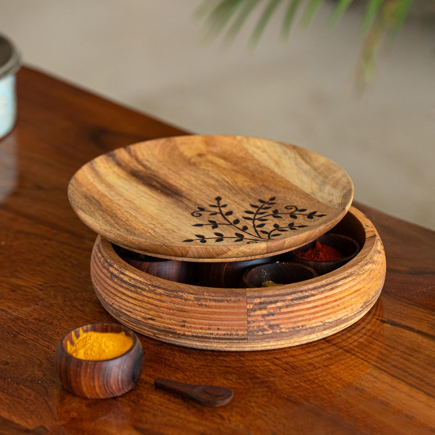 Exclusivelane Burnt Leaf Wooden Masala Box For Kitchen Spice Box With Spoon (Mango & Sheesham Wood, 7 Containers, 60 Ml) | Han