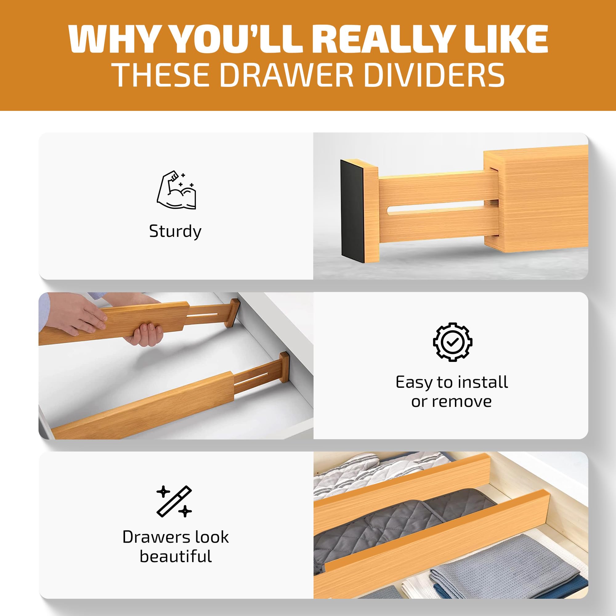 Large Kitchen Drawer Organizer - Expandable Bamboo Drawer Dividers (17.5'' - 22'') - Adjustable Separators for Kitchen, Clothes,