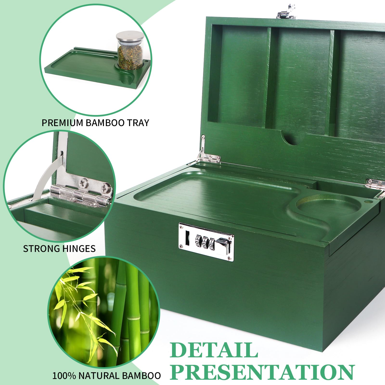 Large Green Bamboo Box with Combination Lock, Decorative Storage Box with Removable Tray & Detachable Compartment, Wooden Boxes