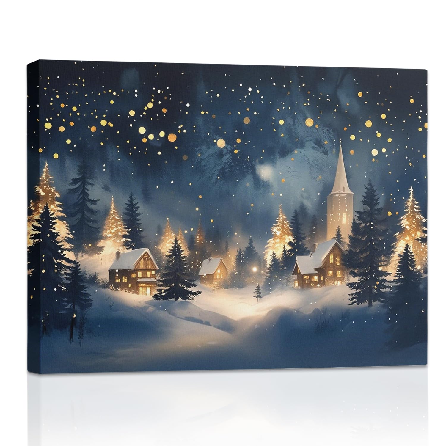Svfghggn Vintage Winter Town Christmas Wall Art Canvas Prints, Rustic Cozy Winter Village Christmas Holiday Framed Wall Art Deco
