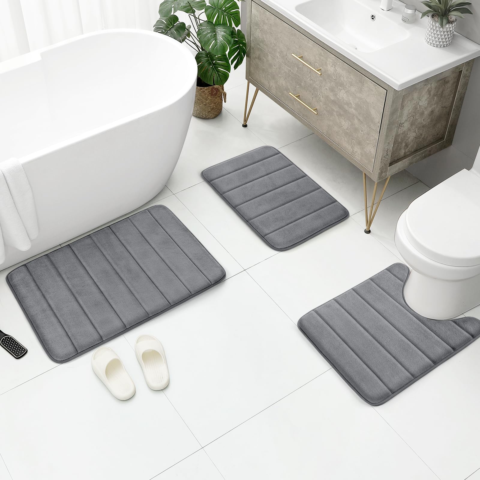 BYSURE Bathroom Rugs Sets 3 Piece Dark Grey Memory Foam Non Slip Extra Absorbent Bath Mat Set for Bathroom  Soft Bathroom Rugs and Mats Set Washable Floor Carpets