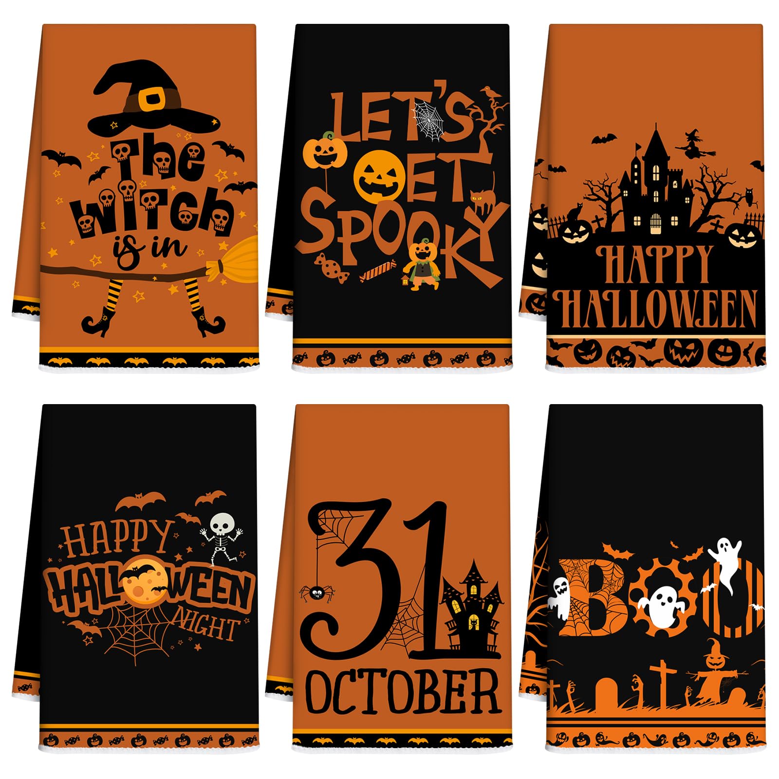Ganeen 6 Pcs Halloween Kitchen Towels Dwarfs Cobwebs Witches Castles Dish Fiber Fingertip Hand Tea Towels 14.2 x 21.3 Inch for S