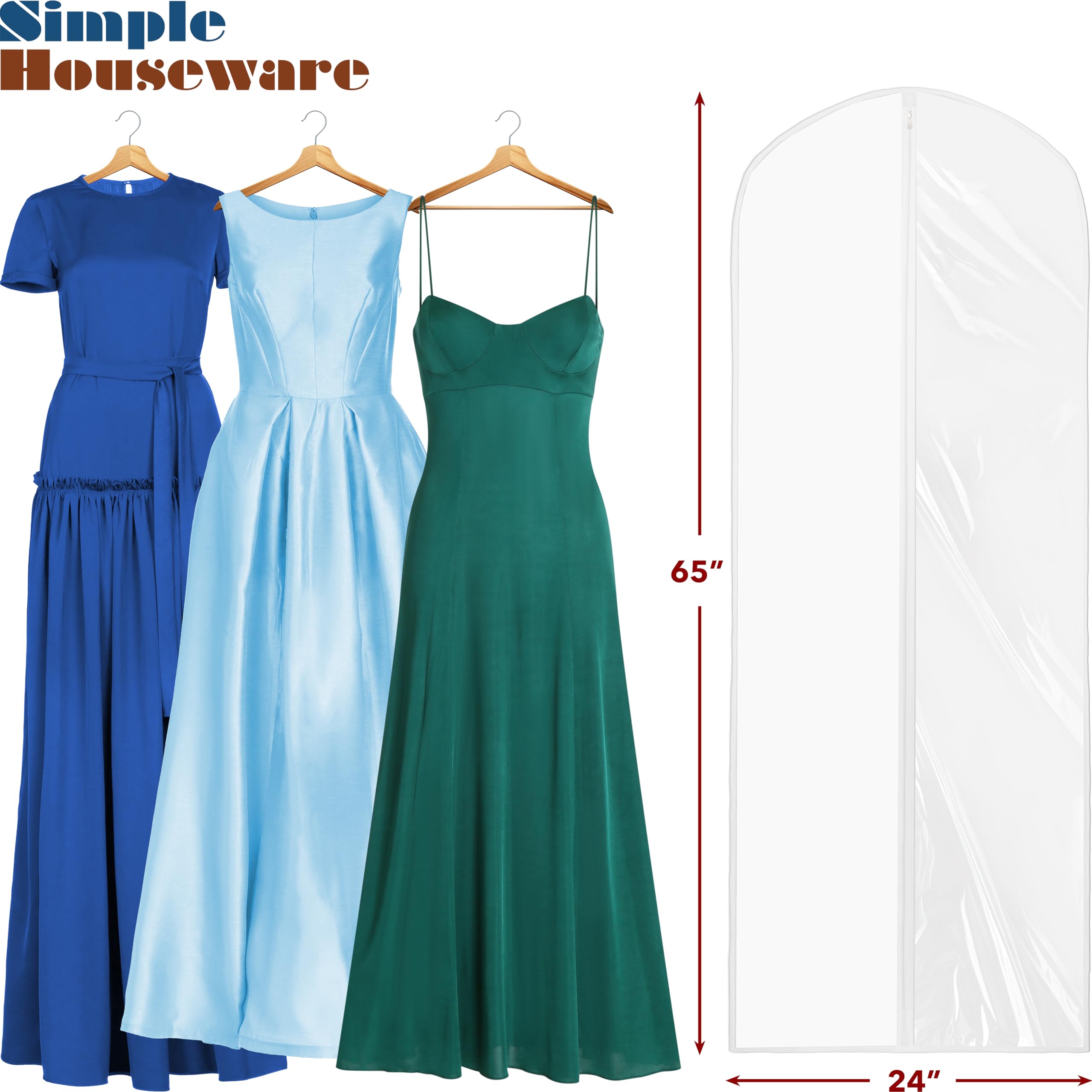 Simple Houseware 65-Inch Translucent Garment Bags With Zipper For Gowns, Suits, Dresses, Costumes, Uniforms, 2 Pack, Clear