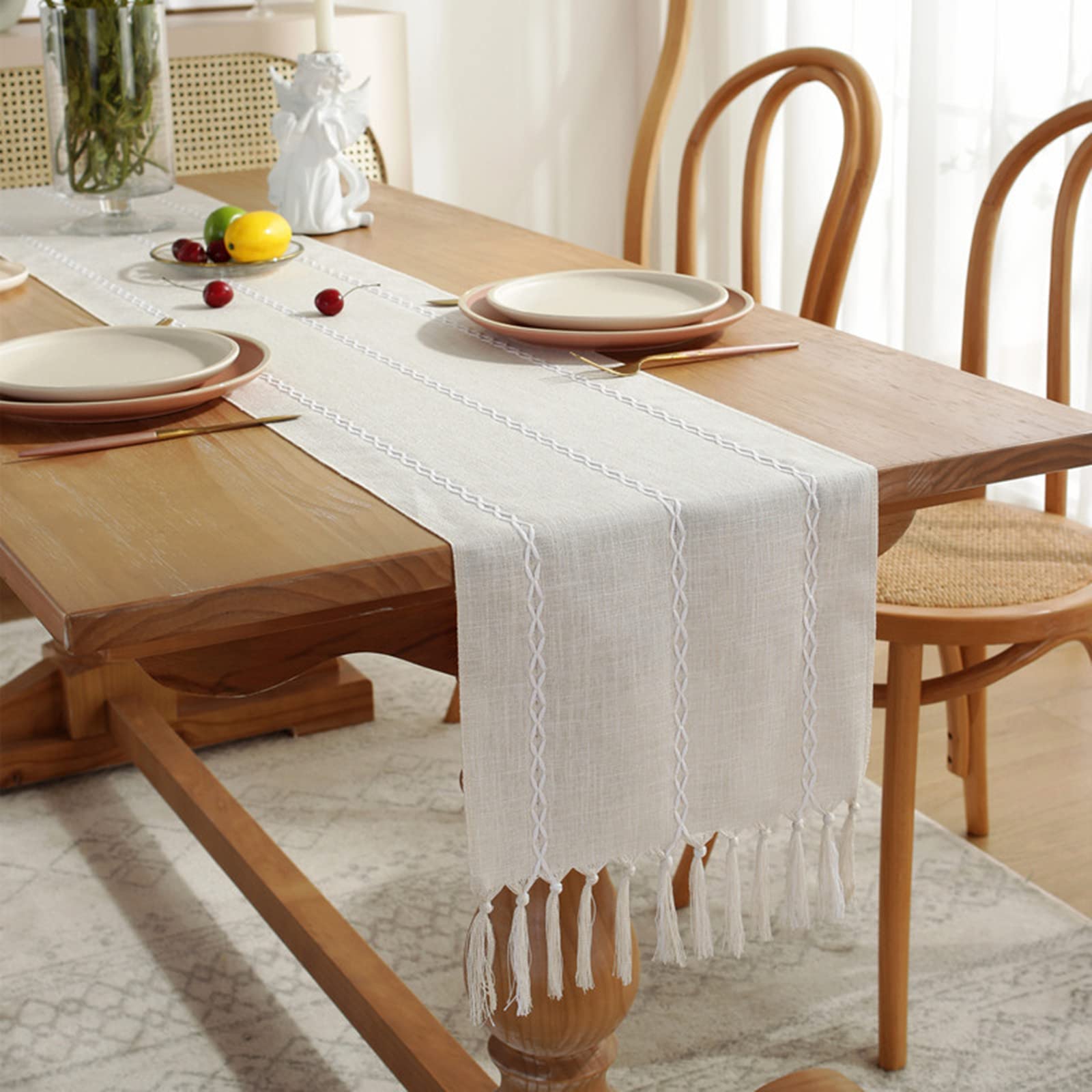 Braided Striped Table Runner Farmhouse Cotton Linen Table Runner With Tassels For Parties Christmas Kitchen Dinner Birthday Tabl