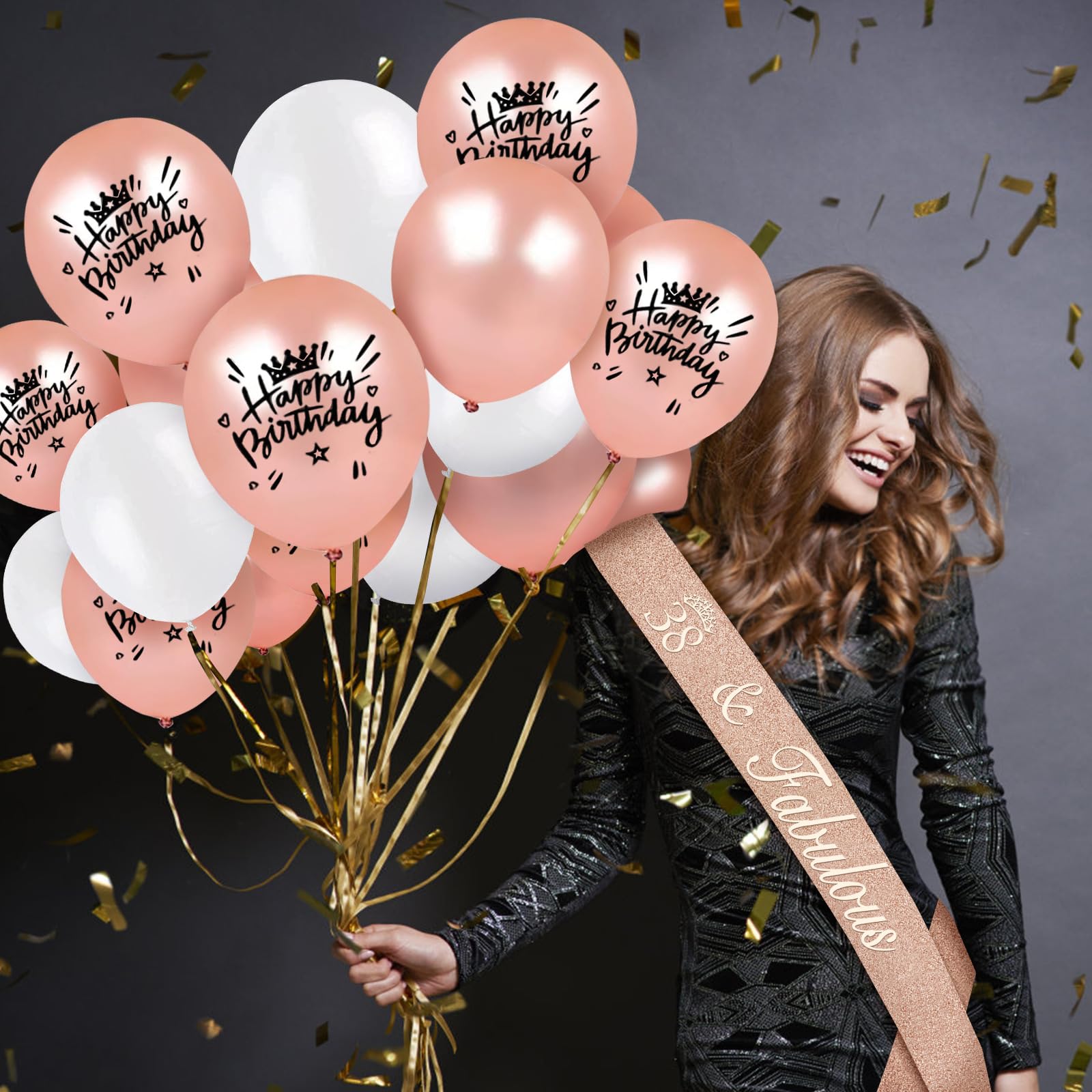 38Th Birthday Decorations For Women Including 38Th Birthday Sash, Tiara/Crown, Numeral 38 Candles And Cake Topper, Rose Gold 38T