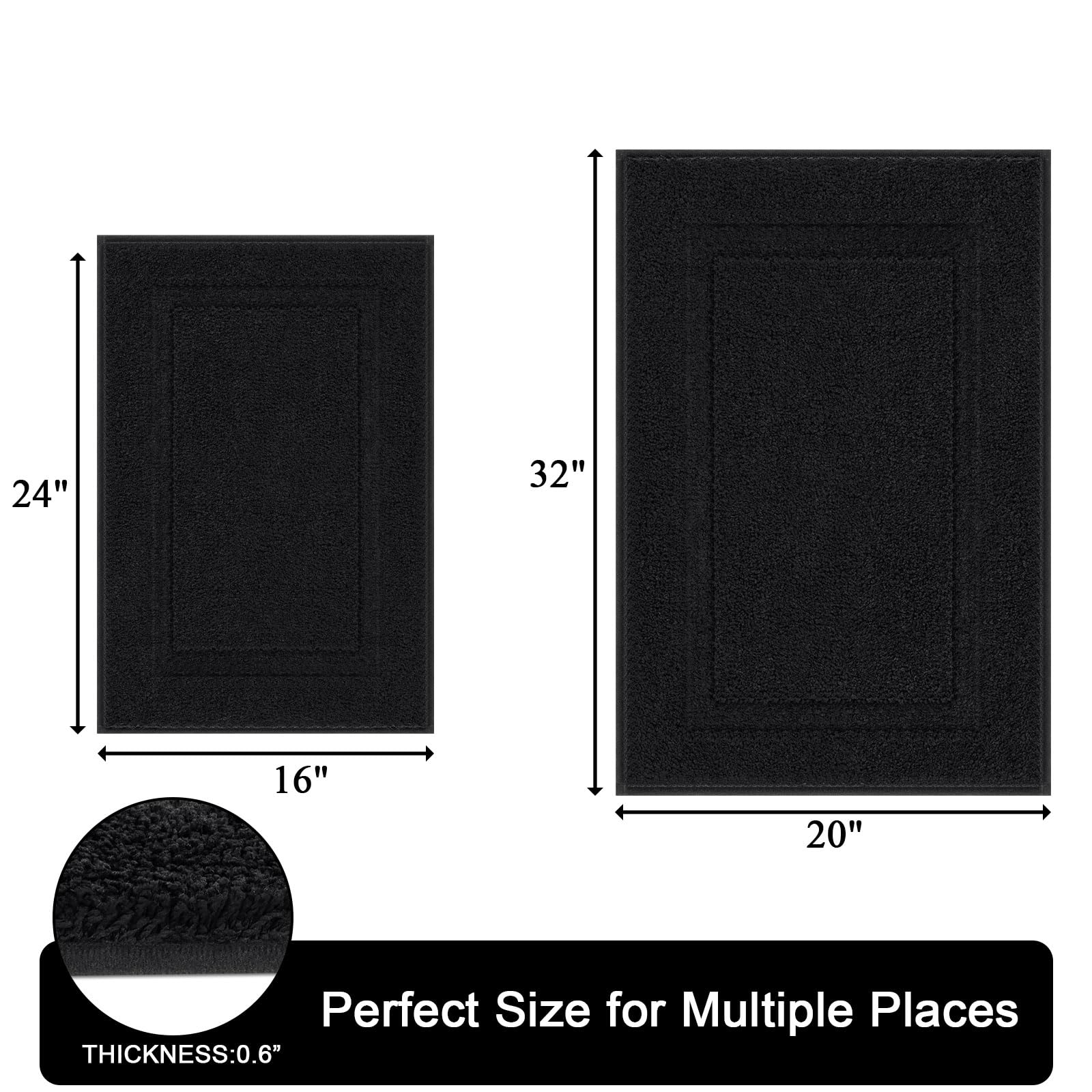 Shacos Super Soft Black Bathroom Rugs Set Of 2 Pieces 32X20 + 24X16 Inch Small Non Slip Washable Microfiber Bath Mats Bathroom C