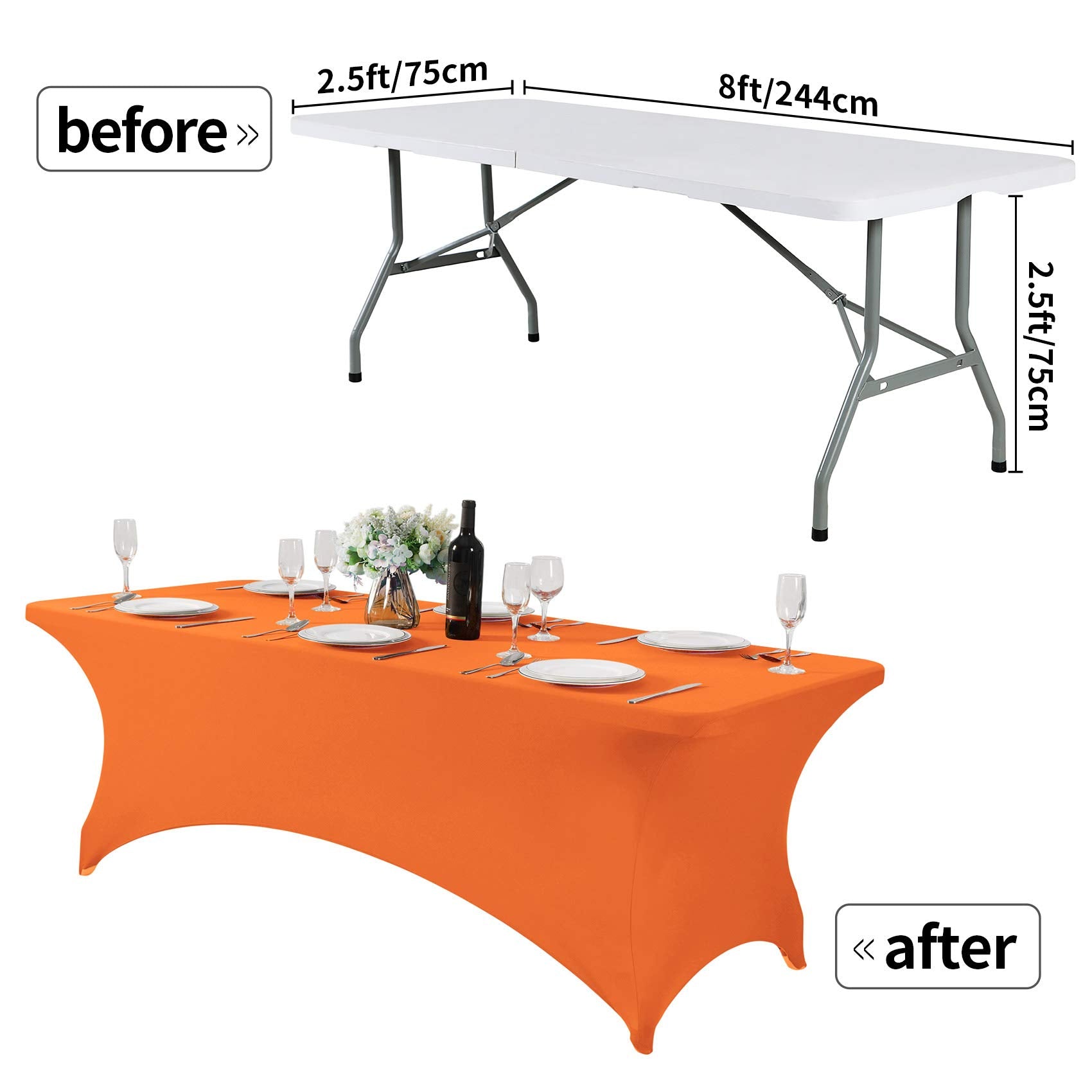 Hezuzo 2Pack Spandex Table Cover For 8Ft Table Universal Fitted Stretch Tablecloth For Party, Banquet, Wedding And Events-Orange
