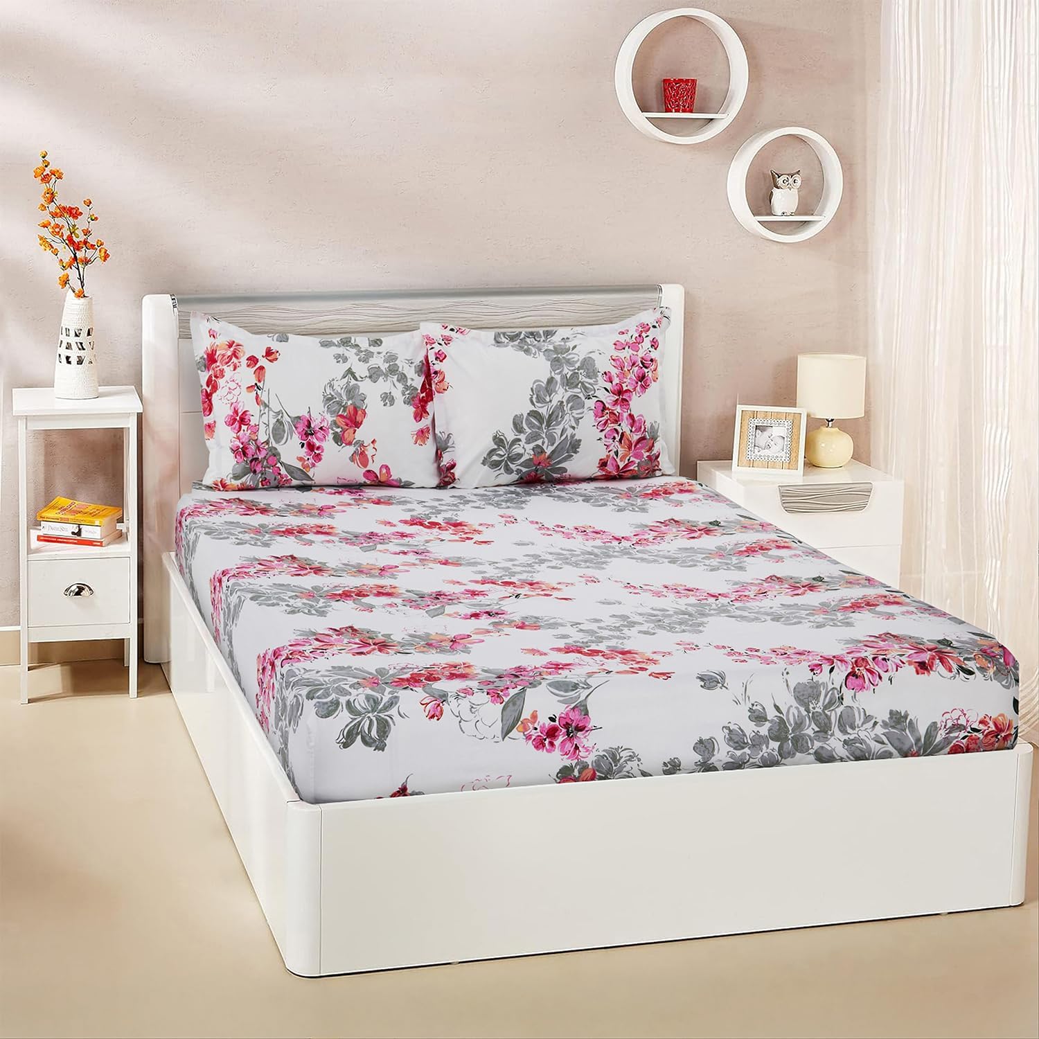 Amazon Brand - Solimo King Size Fitted Bedsheet With 2 Pillow Cases | 180 Tc | 100% Cotton | Washing Machine Washable | Fits Up 