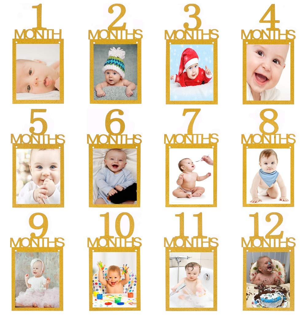 1St Birthday Baby Photo Banner ,Gold Glitter Growth Record 1 To12 Month Photo Prop ,Monthly Milestone Photograph Bunting Garland