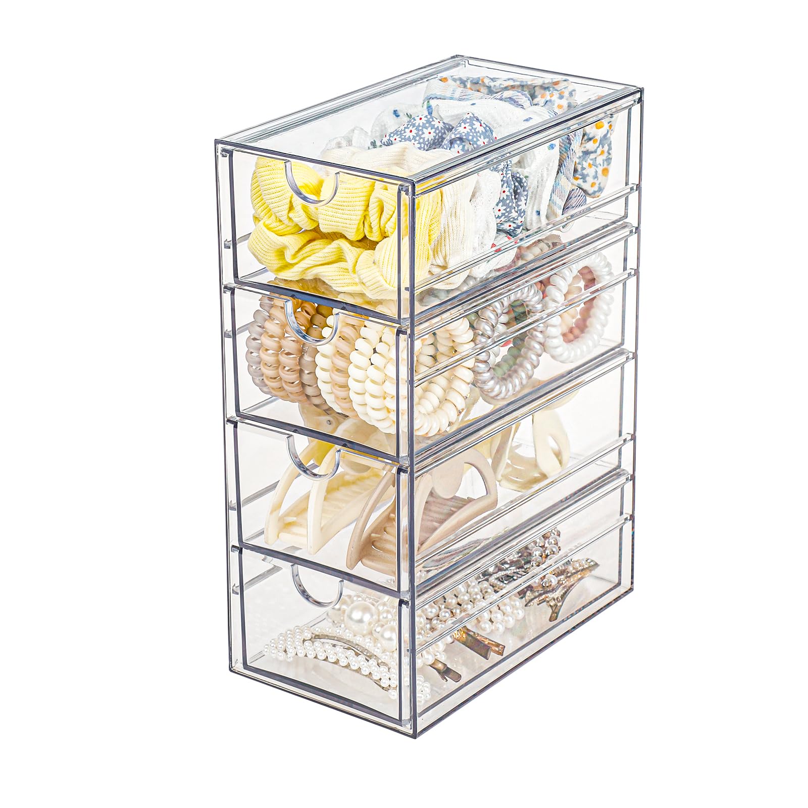 FABROK Clear Hair Accessory Organizer Box with 4 Drawers, Compact Storage Organization Drawers Set for Cosmetics, Glasses, Stati