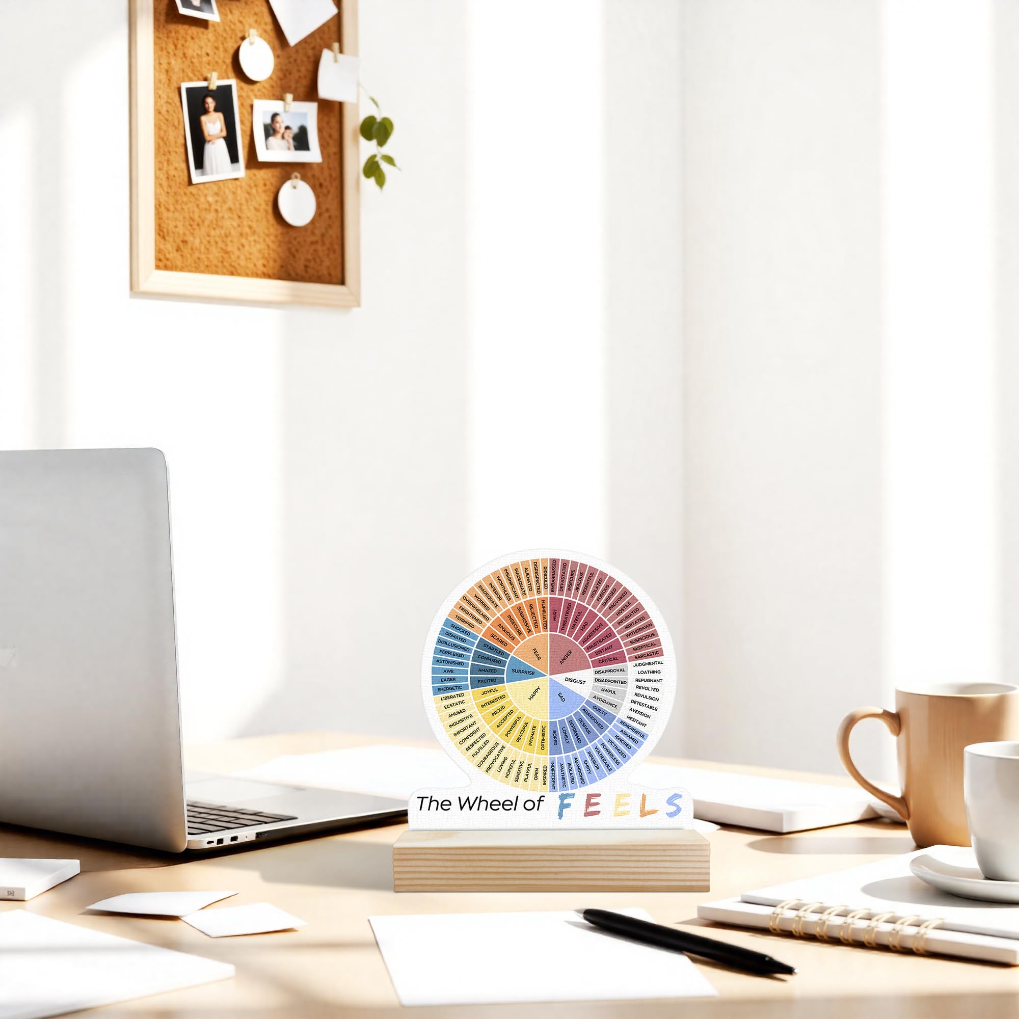 CTYNU Mental Health Gifts Wheel of Emotions Feelings Desk Decor Sign,The Wheel of Feels Wood Sign Plaque With Wooden Stand Decor