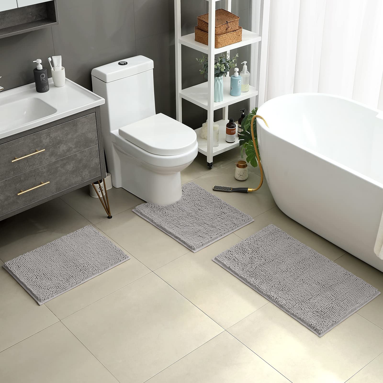 HOMEIDEAS 3 Pieces Bathroom Rugs  Ultra Soft Non Slip Absorbent Chenille Toilet Bath Mat Set (Light Grey)