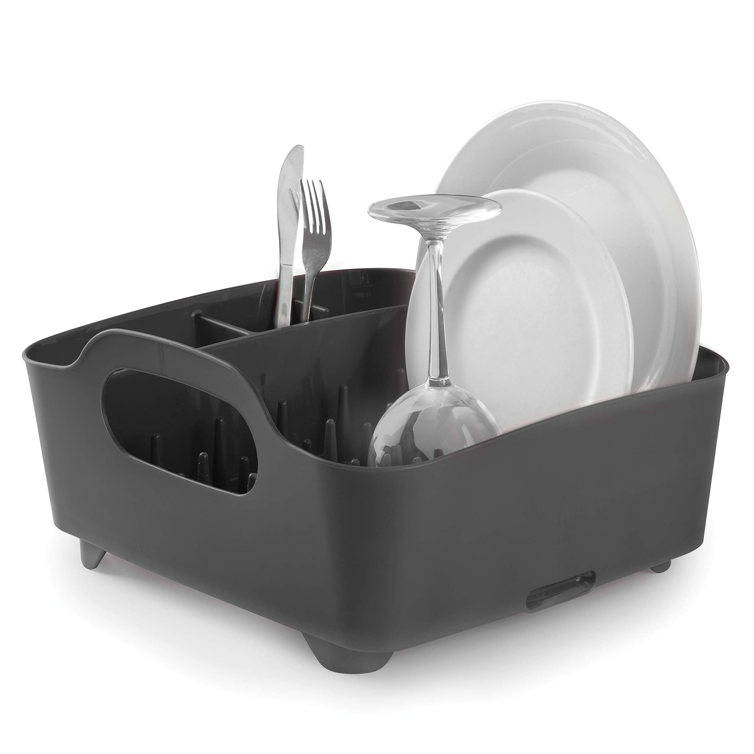 Umbra Tub Dish Drying Rack - Lightweight Self-Draining Dish Rack for Kitchen Sink and Counter at Home, RV or Motorhome, Smoke, B