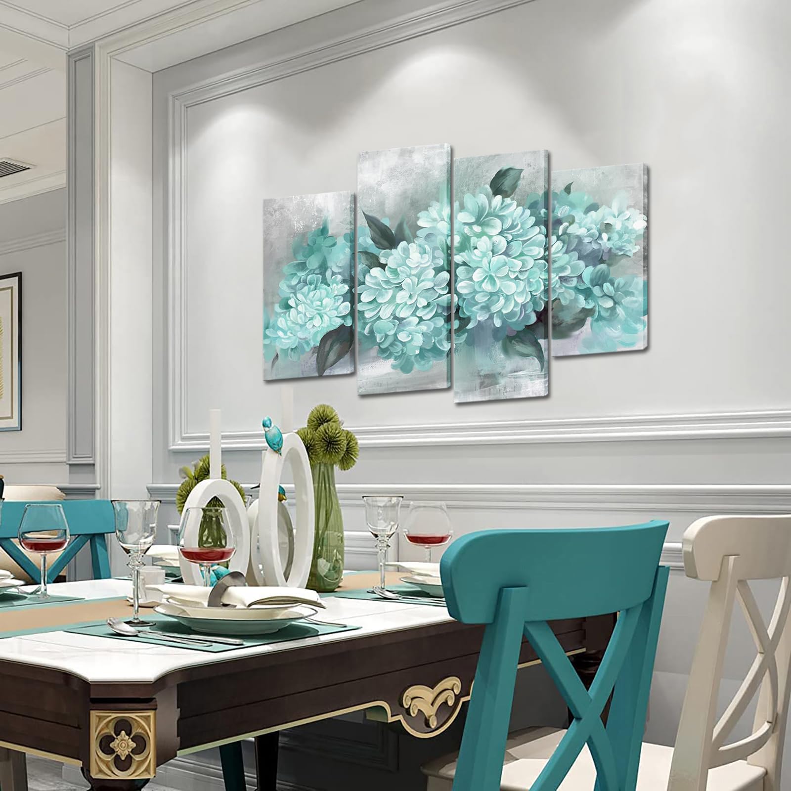 Ryounoart Aqua Pictures Wall Decor Hydrangea Canvas Paintings Teal Flower Art Prints For Living Room Bedroom Framed Large