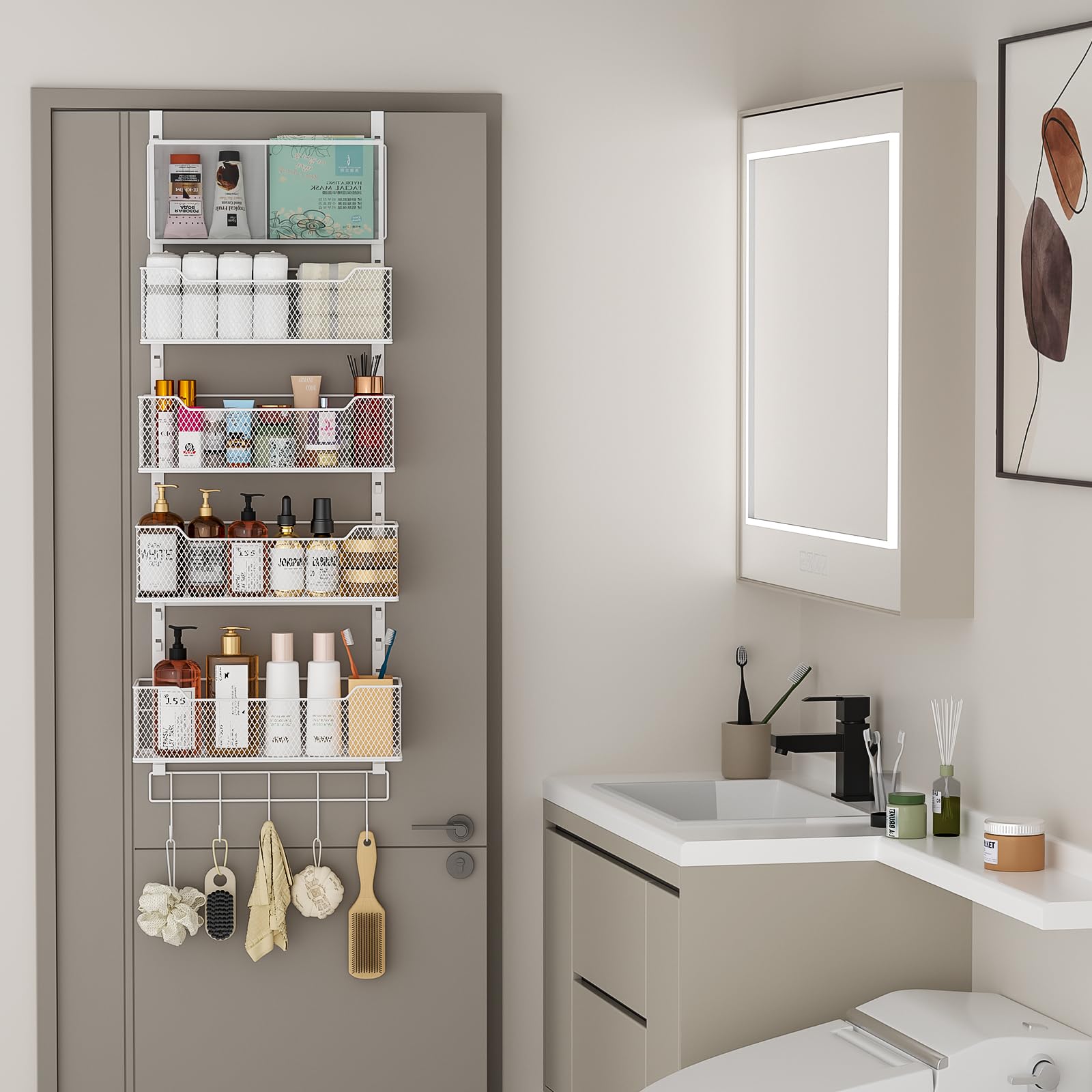 Hongtamoya Adjustable Over The Door Organizer, Hanging Door Storage With Pvc Pocket And 4 Metal Baskets Wall Mount, Behind Door