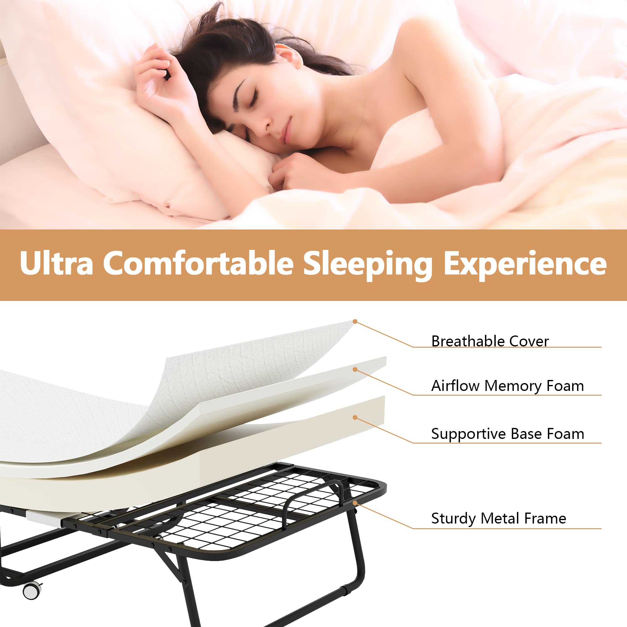Folding Bed With Mattress - Portable Foldable Roll Away Adults Bed For Guest, 5-Inch Thick Luxurious Memory Foam, Space Saving F