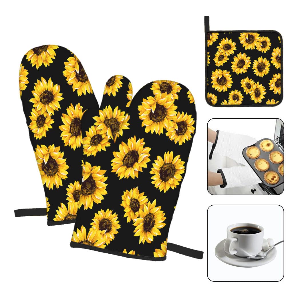 Mxocom Sunflowers Oven Mitts And Pot Holders Sets Of 3 Bbq Gloves For Kitchen,Cooking,Baking,Grilling Resistant Hot Pads For Wom