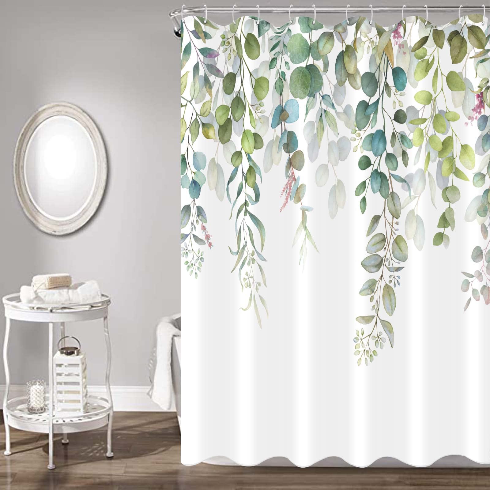 Zussun Long Green Eucalyptus Shower Curtain Watercolor Teal Plant Leaf Bathroom Shower Curtains Waterproof Fabric Botanical Flow