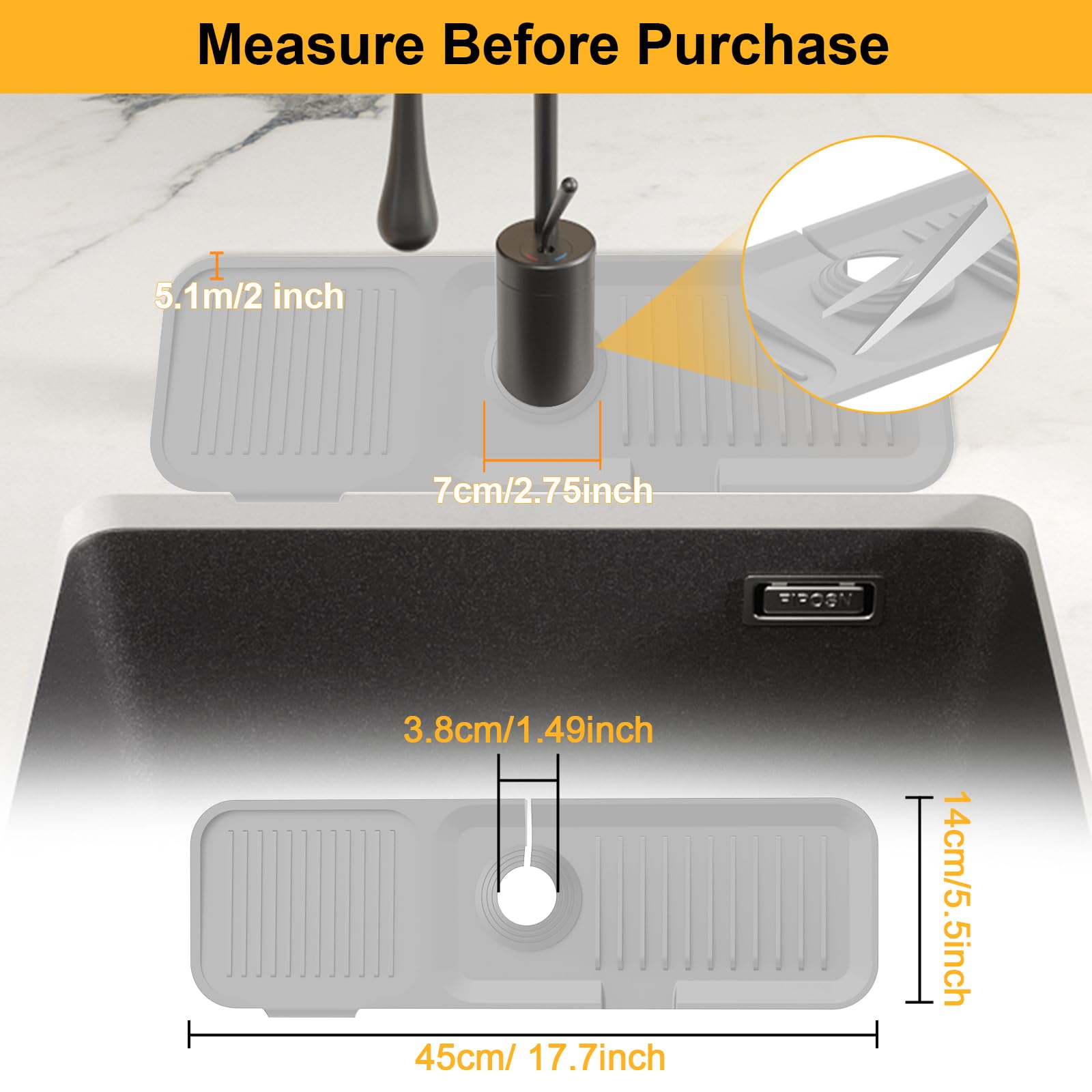 Doeklpo 17.7 Inch Silicone Faucet Mat For Kitchen Sink, 5Slope Fast Draining Kitchen Sink Splash Guard Behind Faucet, Tidy Splas