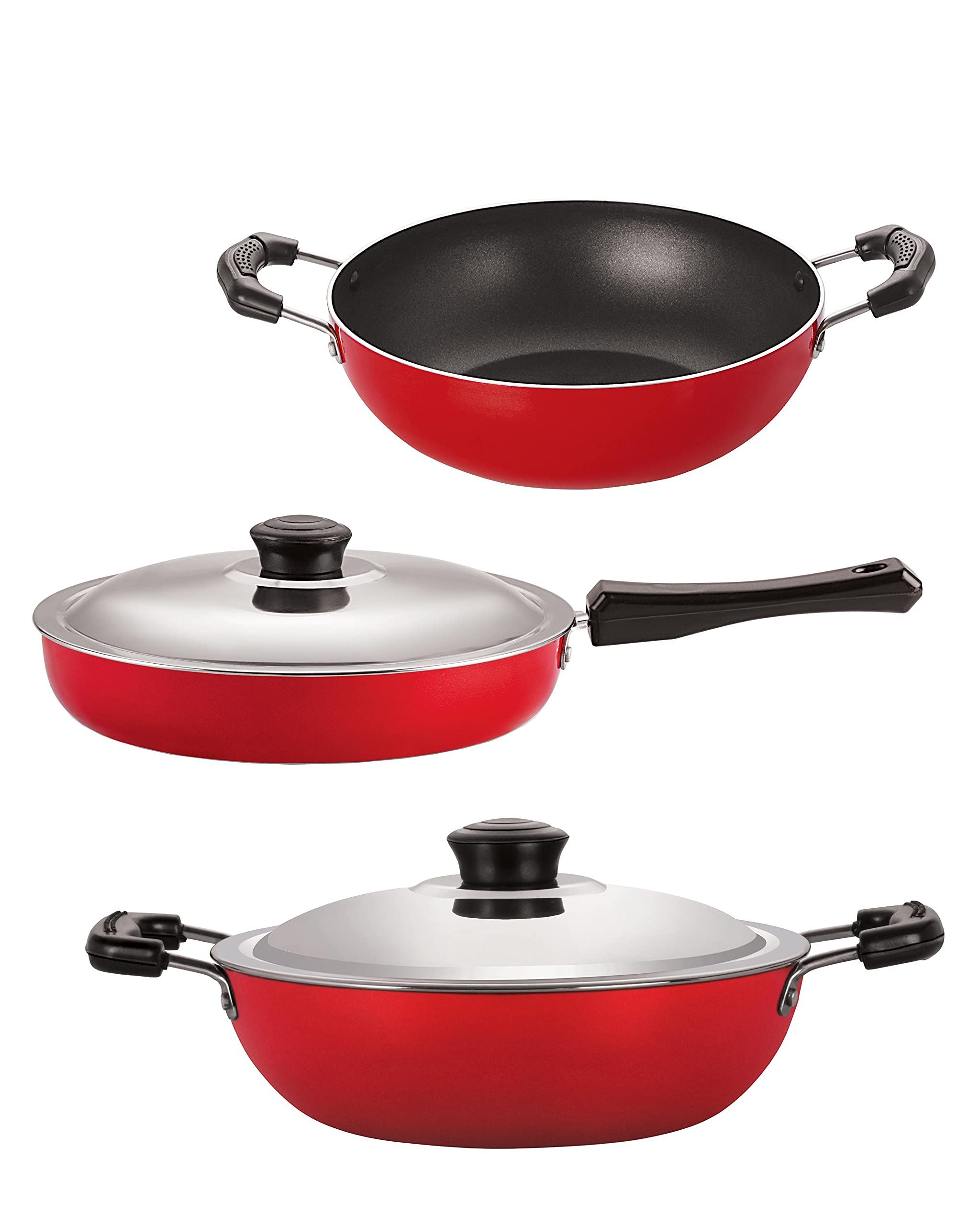 Nirlon NonStick Aluminium Cookware Set, 3Pieces, Red/Black (2.6Mm_Ft13_Kd12_Dkdb)