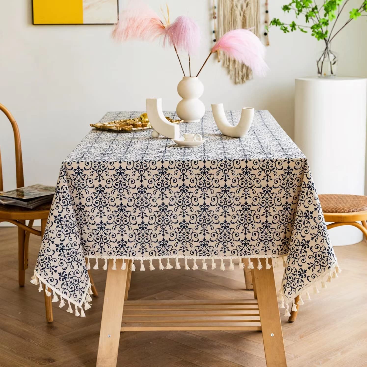 Yuurain Vuvu Blue And White Porcelain Pattern Cotton Linen Fabric, Stitching Tassel Rectangle Tablecloth For Kitchen | Dining |
