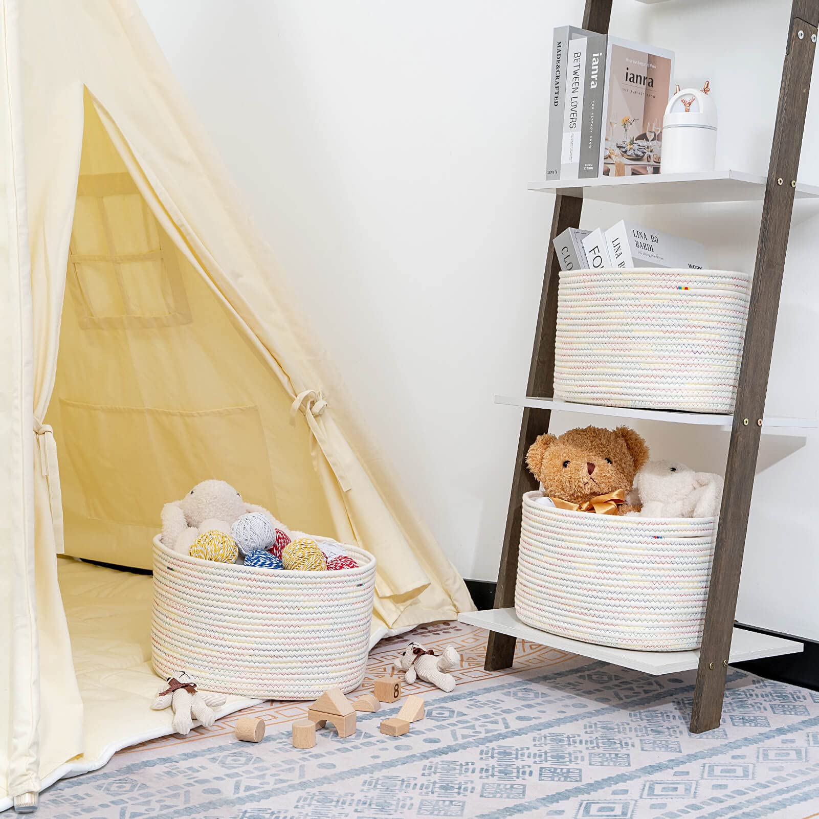 CubesLand Woven Basket for Organizing/Shelves  Cube Shelf Closet Storage Baskets Bins Set 3  Long-Lasting &Skin-Friendly Storage Basket Bin  Stylish Room Basket  Rainbow Stitches Cotton Rope Basket