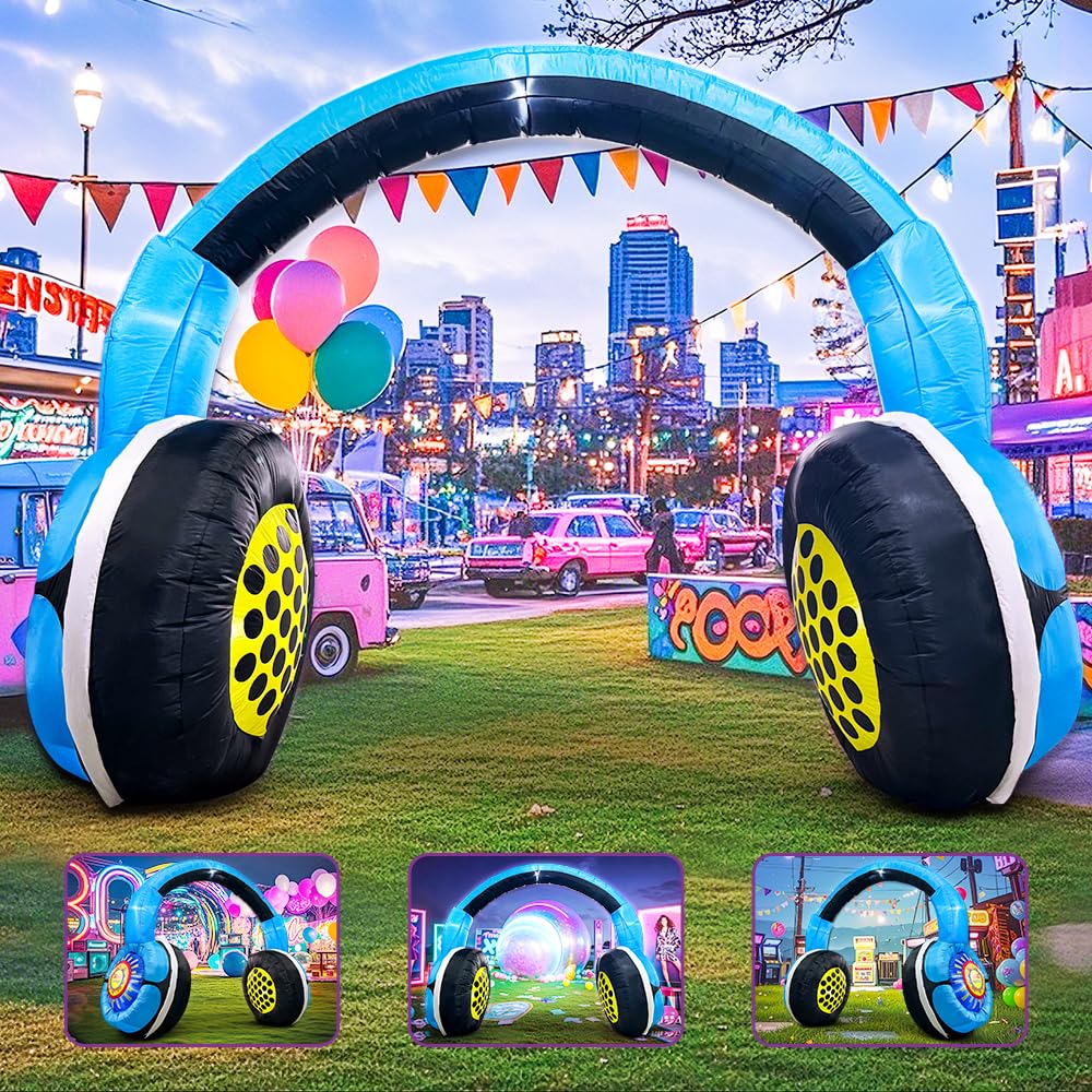 10FT Christmas Inflatable Headphones Archway Party Decorations, 80 s 90 s Party Decoration, Blow up LED Lights Favors for 80s 90