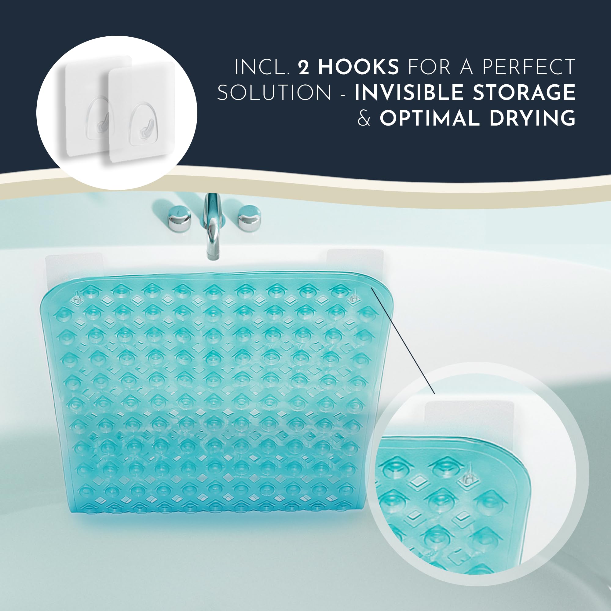 Homerella® Non-Slip Bath Mat for Tub, Mold Resistant, 35x16", Clear Turquoise, Vinyl, Model BM
