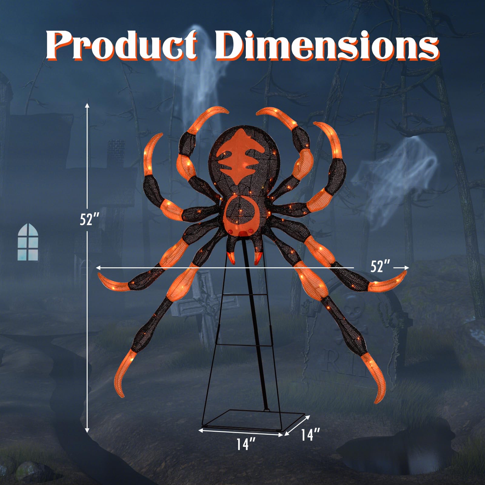 Tangkula 52    Halloween Spider Decoration, Lighted Spider on Stand with 16 Flickering Warm White LEDs, 64 Orange LEDs, Holiday